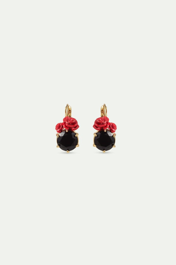Black Faceted Stone And Red Rose Sleeper Earrings | AWLA1071 - Les Nereides