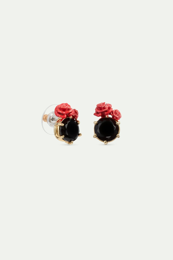 Black Faceted Stone And Red Rose Sleeper Earrings | AWLA1071 - Les Nereides
