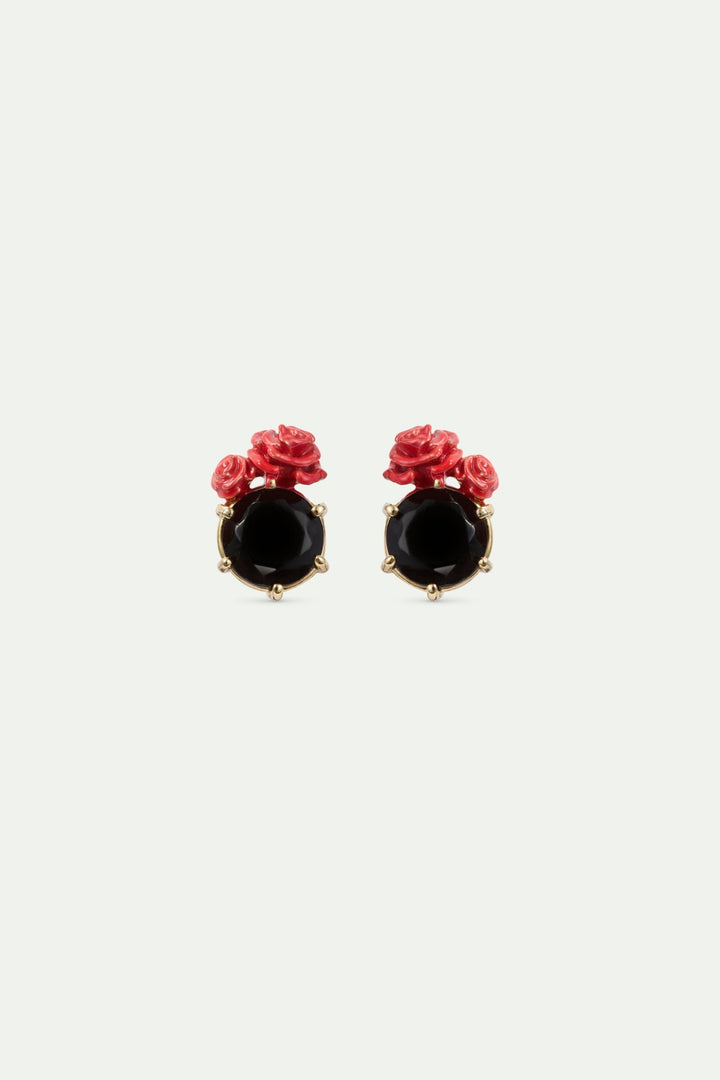 Black Faceted Stone And Red Rose Sleeper Earrings | AWLA1071 - Les Nereides