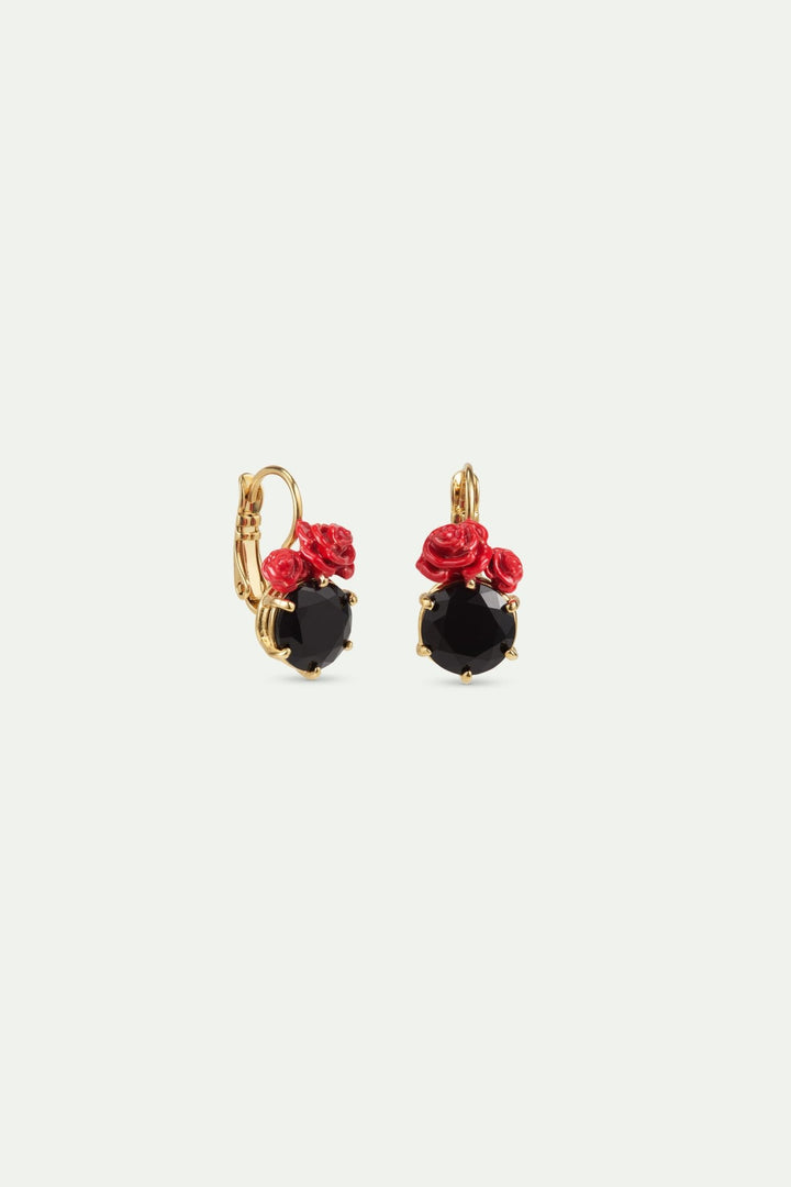 Black Faceted Stone And Red Rose Sleeper Earrings | AWLA1071 - Les Nereides