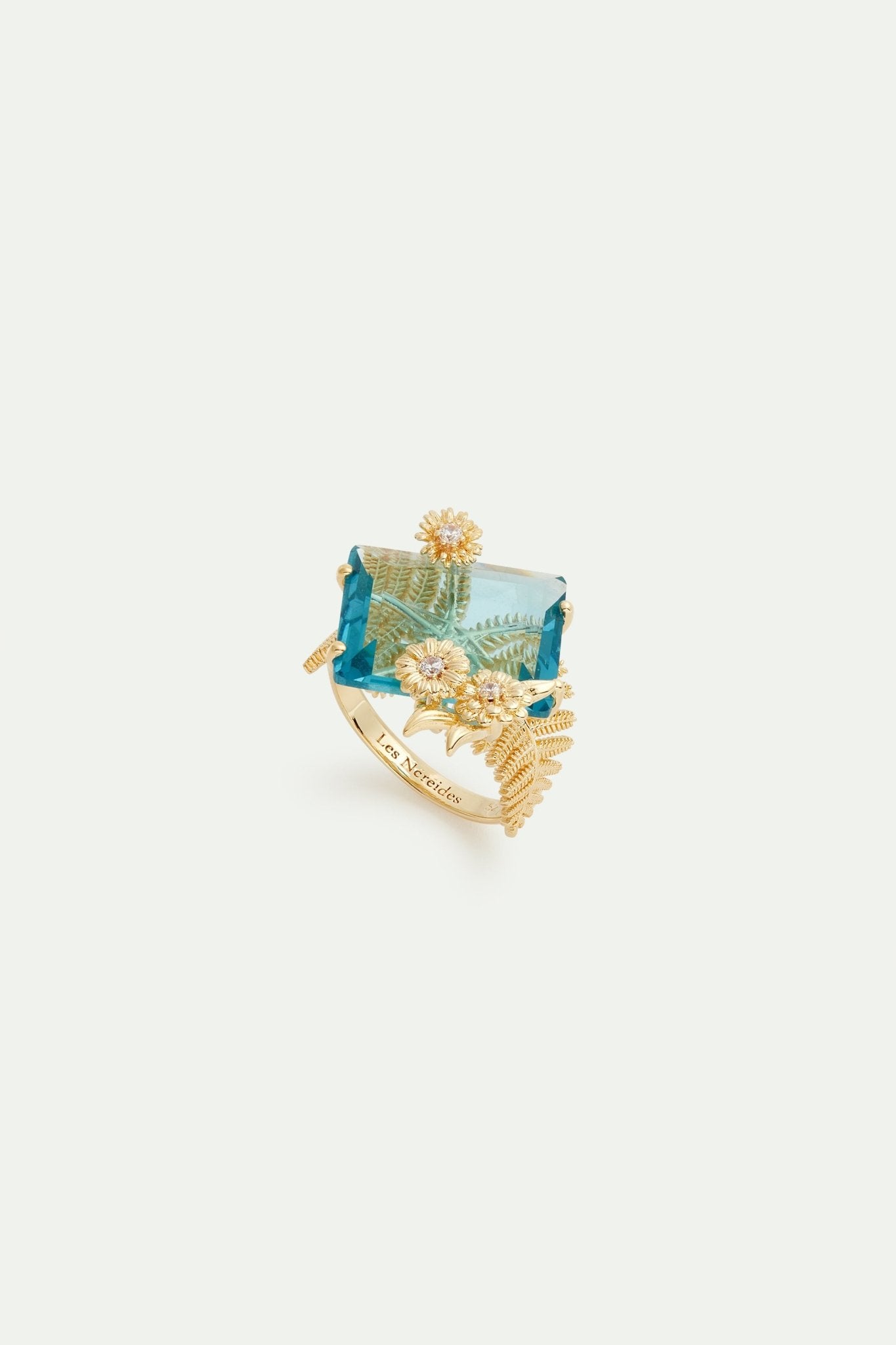 Blue cut stone and golden flower ring | AVNF6071 - Les Nereides