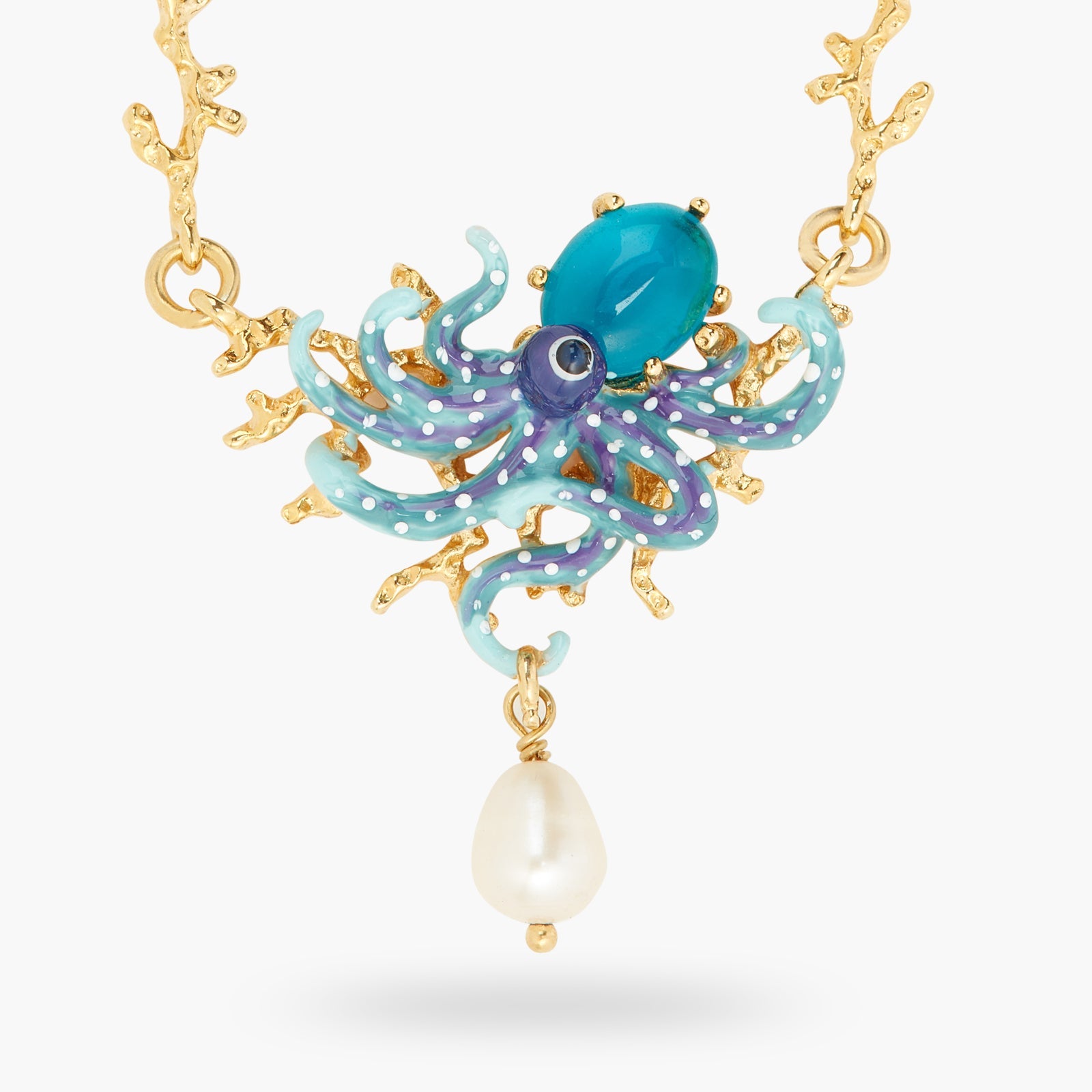 Blue Octopus, Blue Cut Crystal Stone And Mother Of Pearl Bead Statement Necklace | ATPR3061 - Les Nereides
