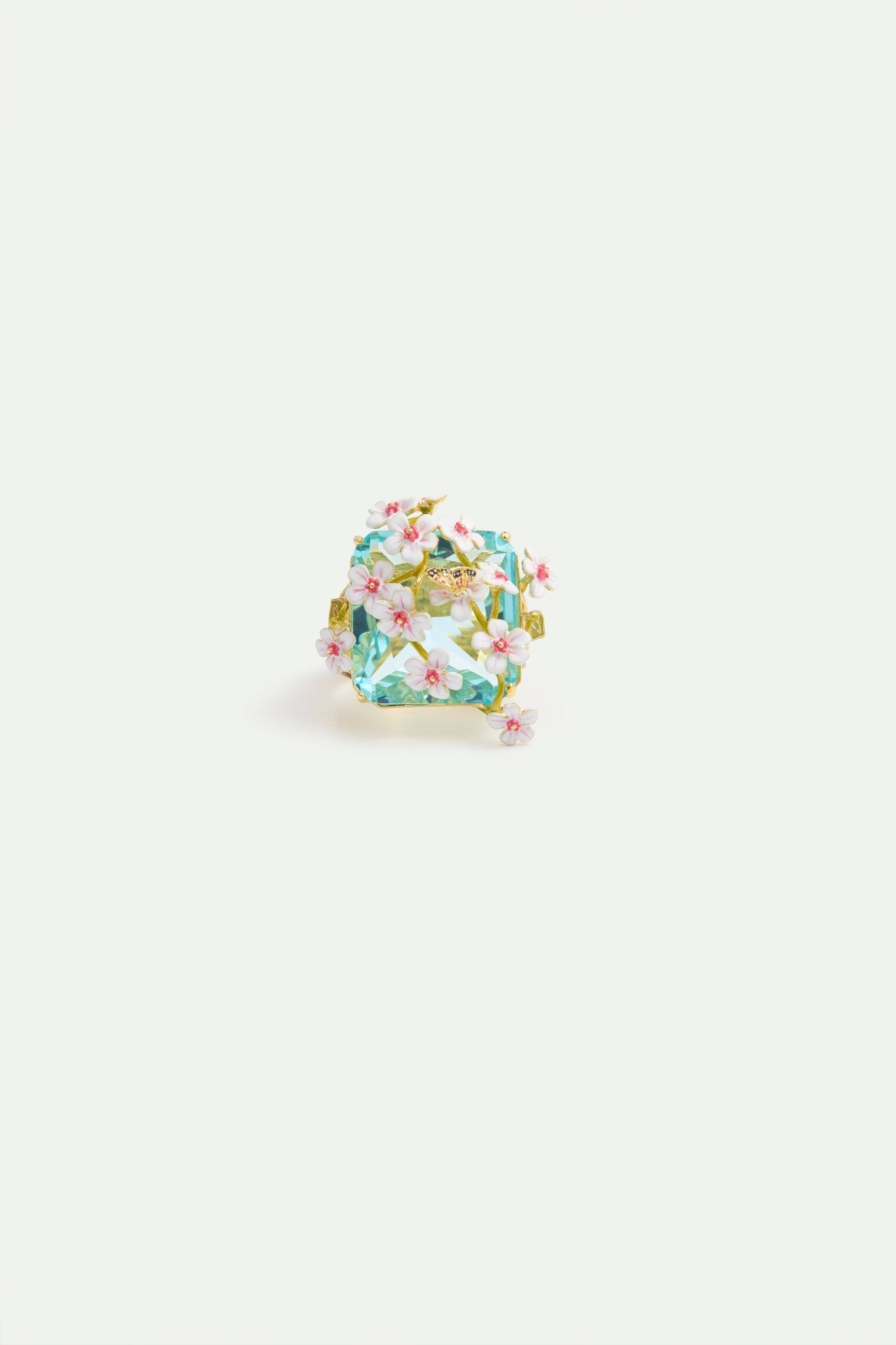 Blue Square Faceted Stone Ring With White And Pink Hawthorns And A Butterfly | AYDF6011 - Les Nereides