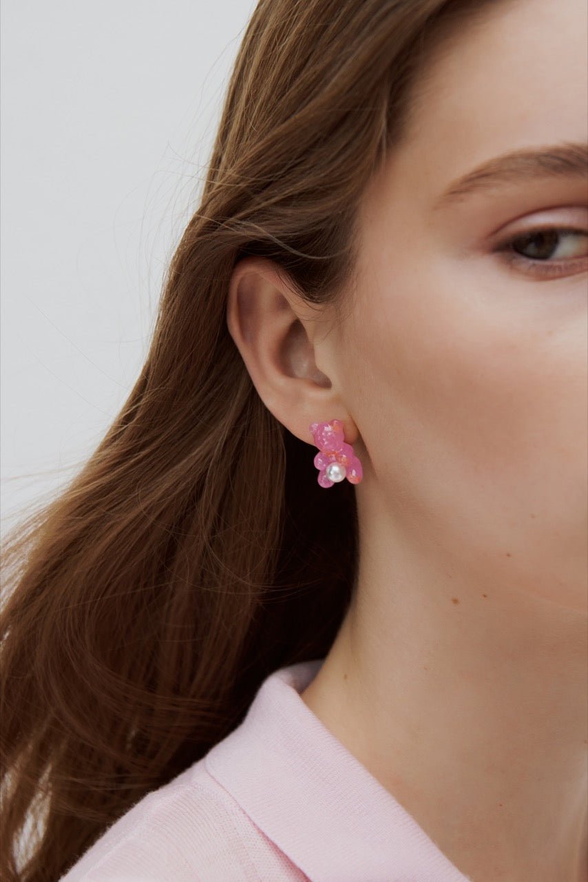Blue Teddy Bear Sweet, Rose And White Imitation Pearl Earrings | AWMC1061 - Les Nereides