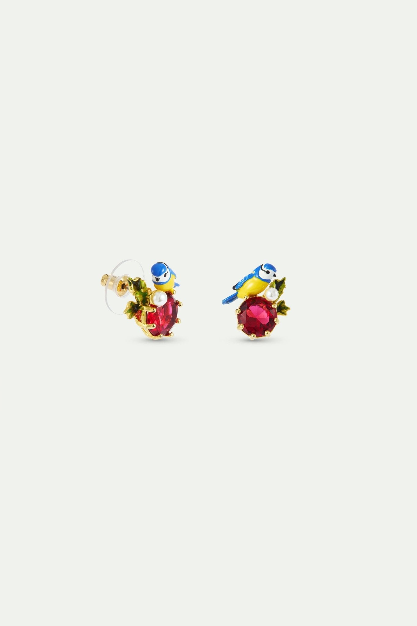 Blue Titmouse And Round Red Stone Sleeper Earrings | AXAM1101 - Les Nereides