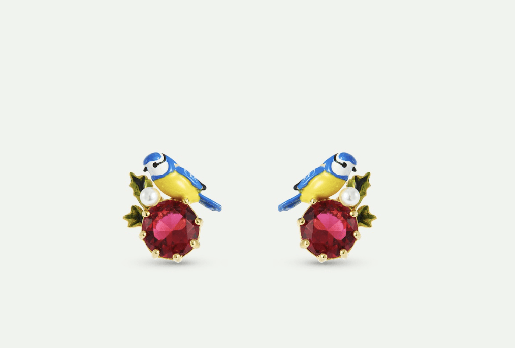 Blue Titmouse And Round Red Stone Sleeper Earrings | AXAM1101 - Les Nereides