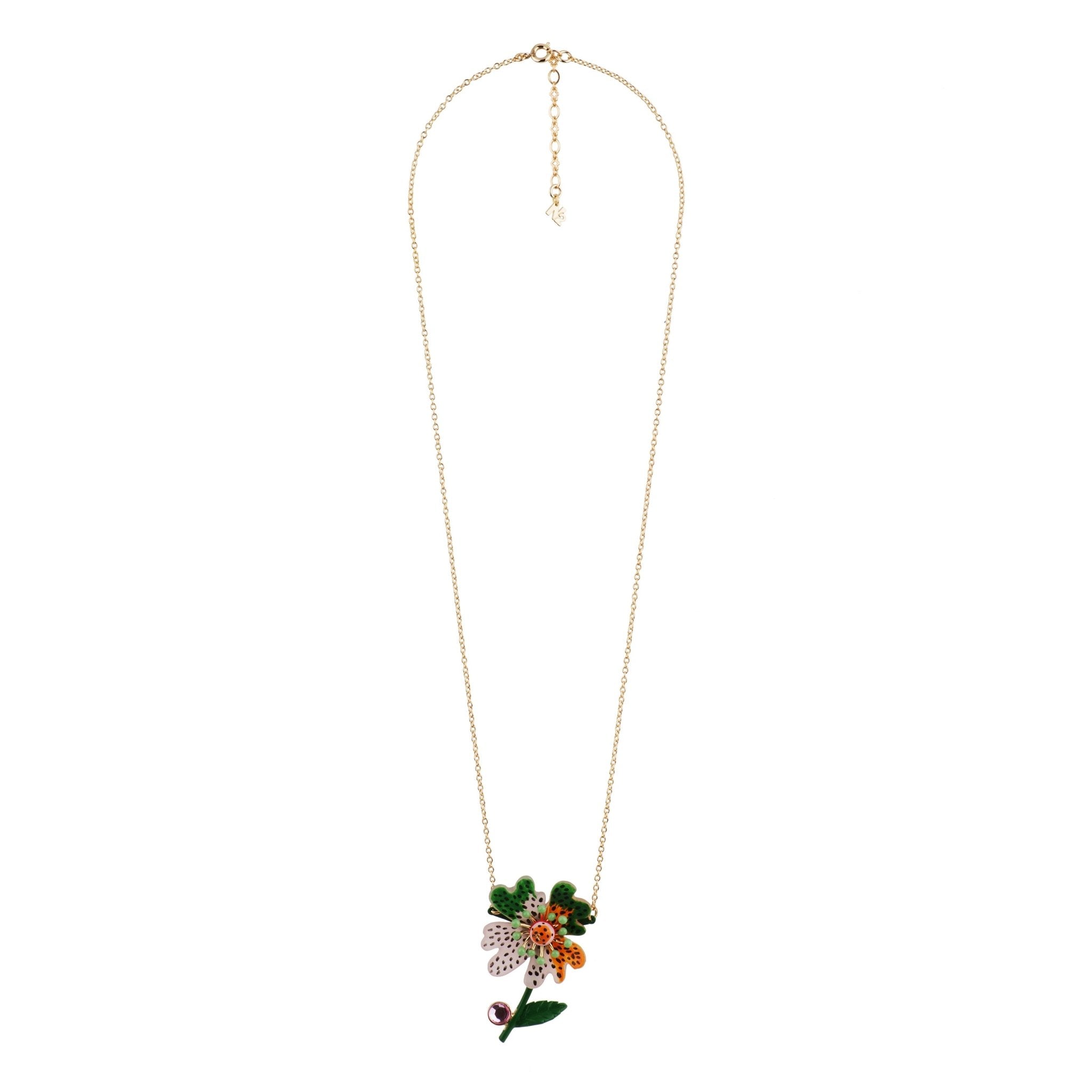 Botanique Energique Pink Orange Green Flower With Black Dots And Pink Cabochon Necklace | ACBE3031 - Les Nereides