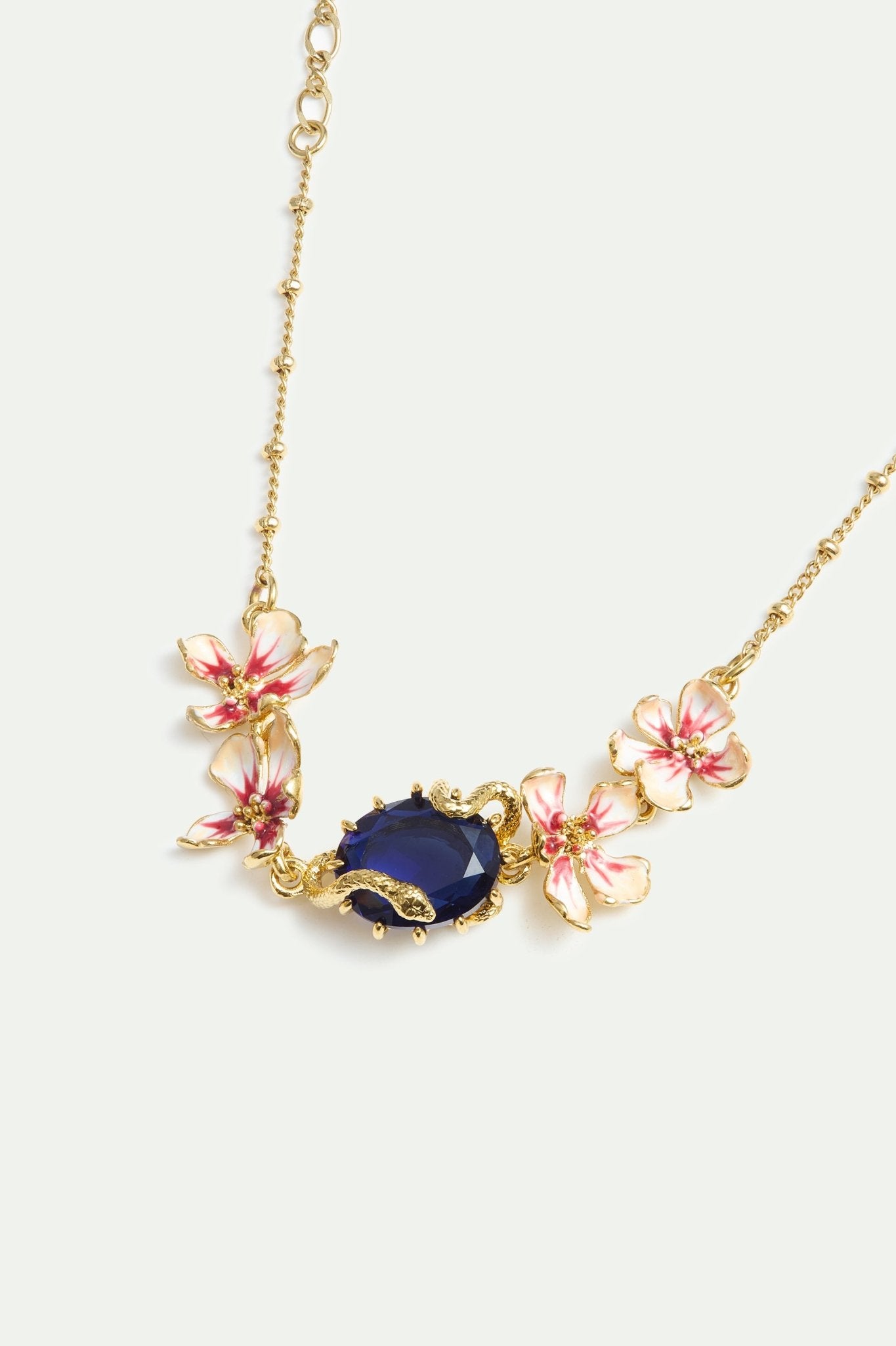 Bracelet With Blue Faceted Stone, Gold Snake and Mallow Flowers | AYVA2011 - Les Nereides