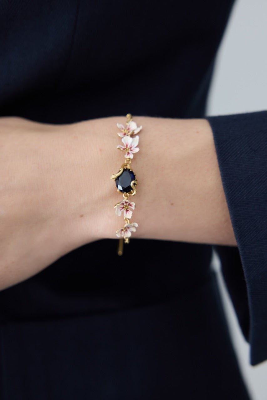 Bracelet With Blue Faceted Stone, Gold Snake and Mallow Flowers | AYVA2011 - Les Nereides