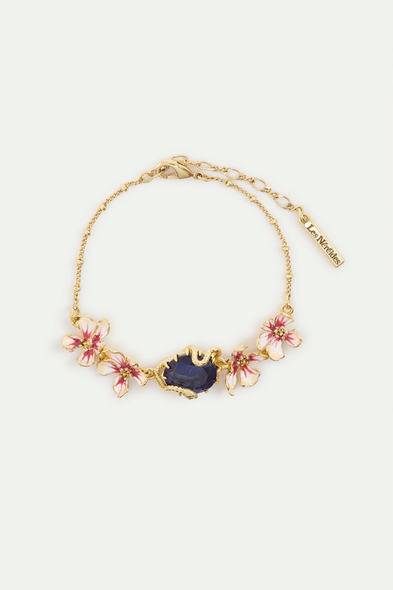 Bracelet With Blue Faceted Stone, Gold Snake and Mallow Flowers | AYVA2011 - Les Nereides