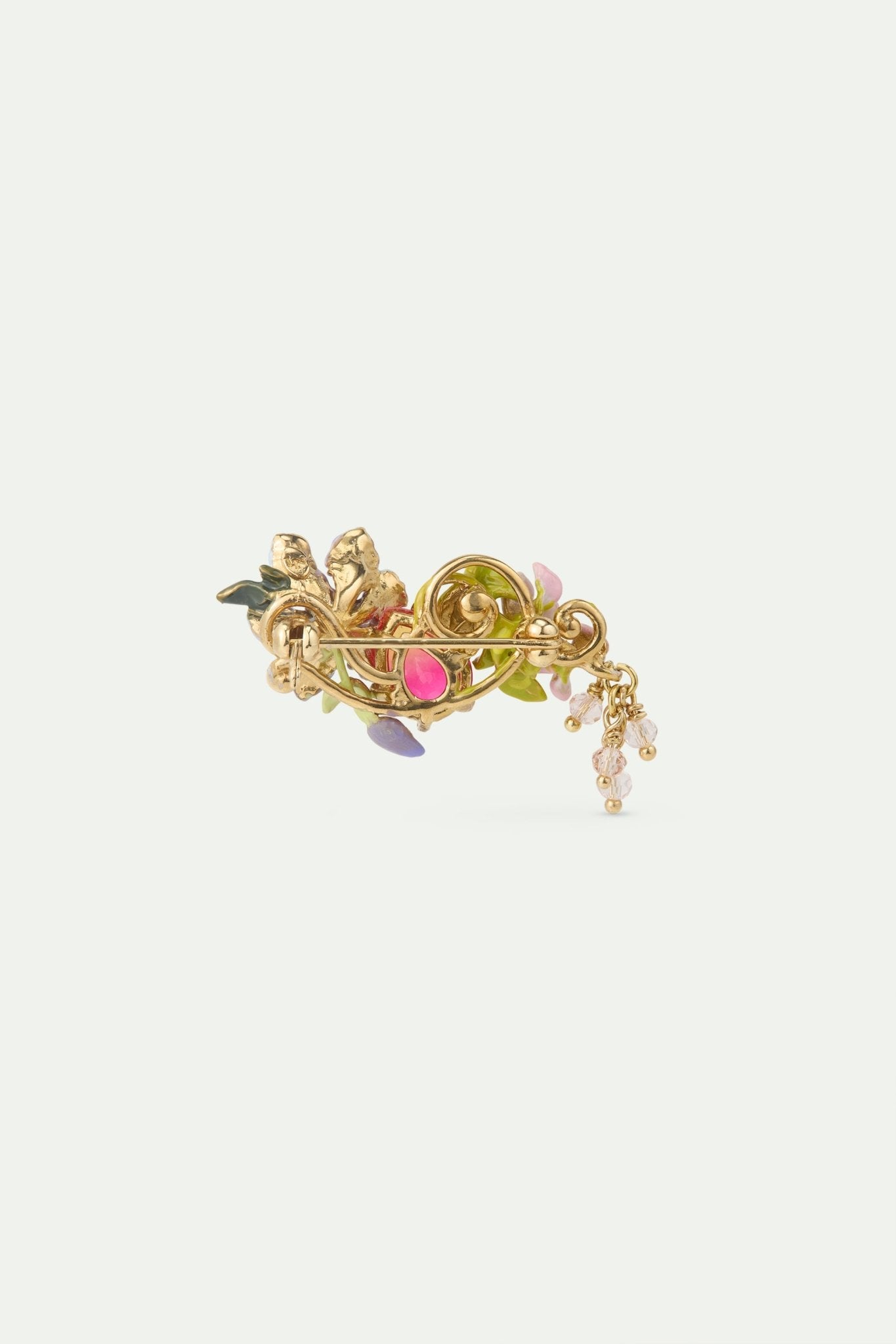 Brooch With Purple Clematis, Two - Tone Faceted Glass, Ivy, Pink And Purple Wisteria And Dangling Faceted Crystal Beads | AWMM5011 - Les Nereides