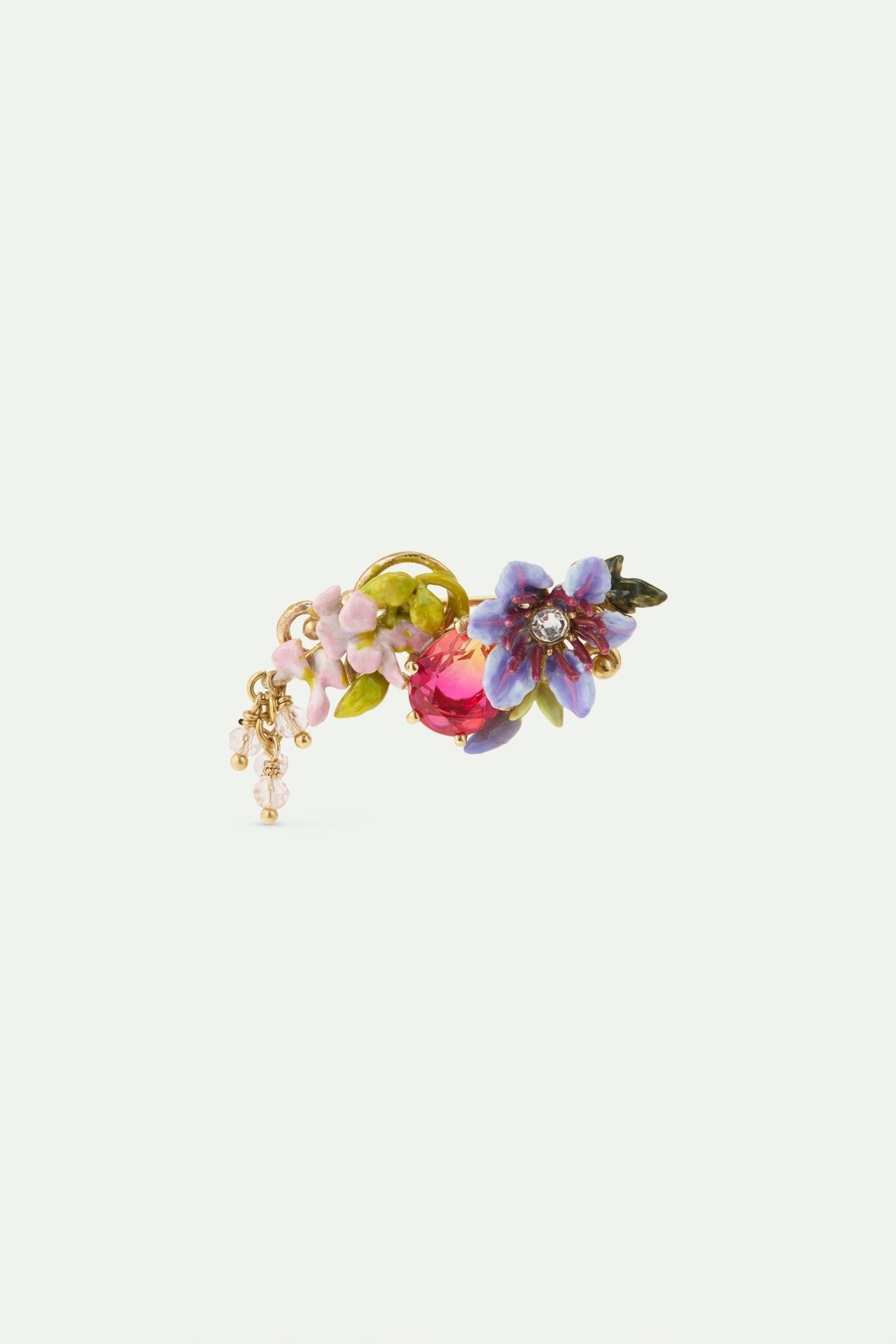 Brooch With Purple Clematis, Two - Tone Faceted Glass, Ivy, Pink And Purple Wisteria And Dangling Faceted Crystal Beads | AWMM5011 - Les Nereides