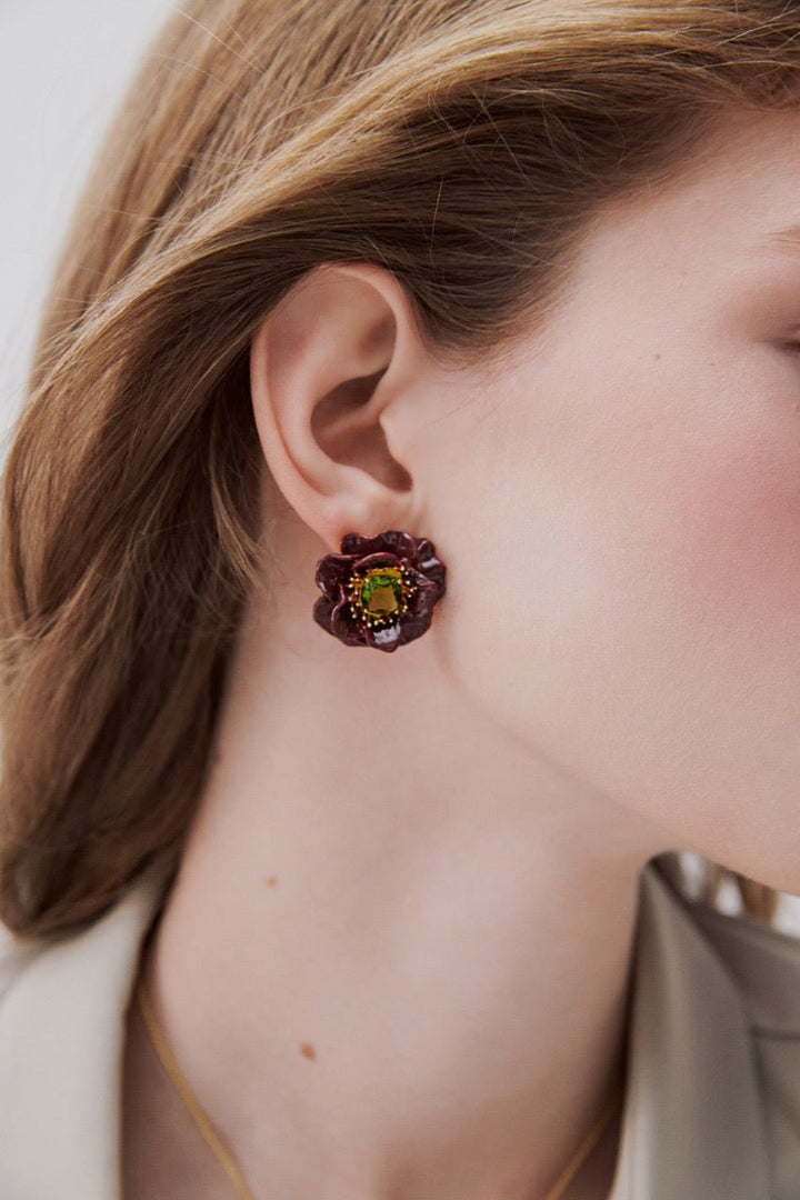 Burgundy Anemone And Green Stone Earrings | AWBB1011 - Les Nereides