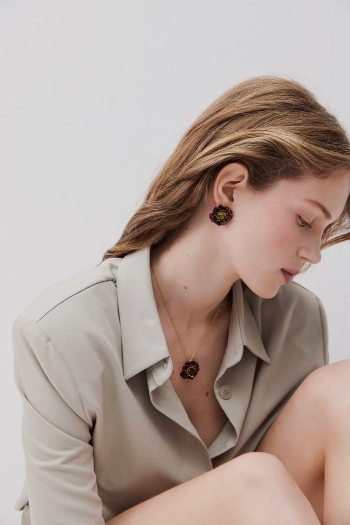 Burgundy Anemone And Green Stone Earrings | AWBB1011 - Les Nereides