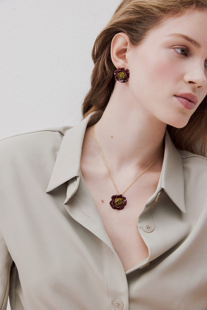 Burgundy Anemone And Green Stone Earrings | AWBB1011 - Les Nereides