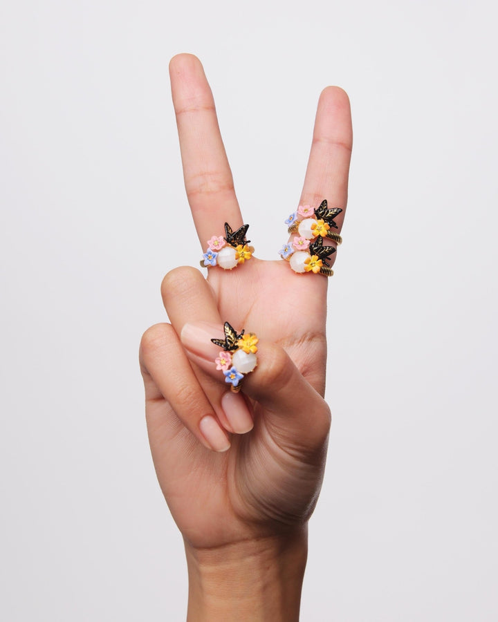Butterfly, 3 Colourful Jasmine Flowers And Faceted Stone Cocktail Ring | AUTR6011 - Les Nereides