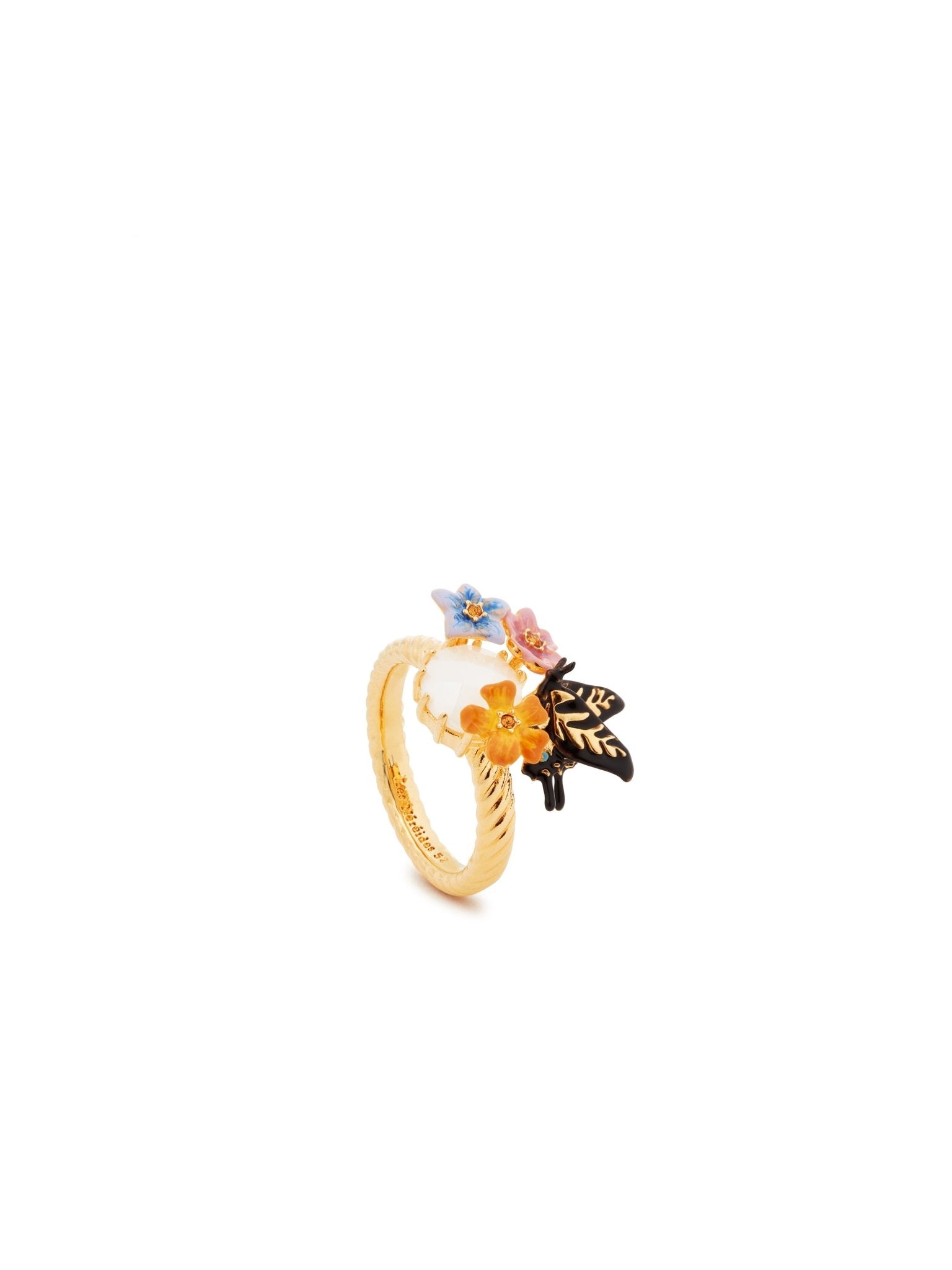 Butterfly, 3 Colourful Jasmine Flowers And Faceted Stone Cocktail Ring | AUTR6011 - Les Nereides