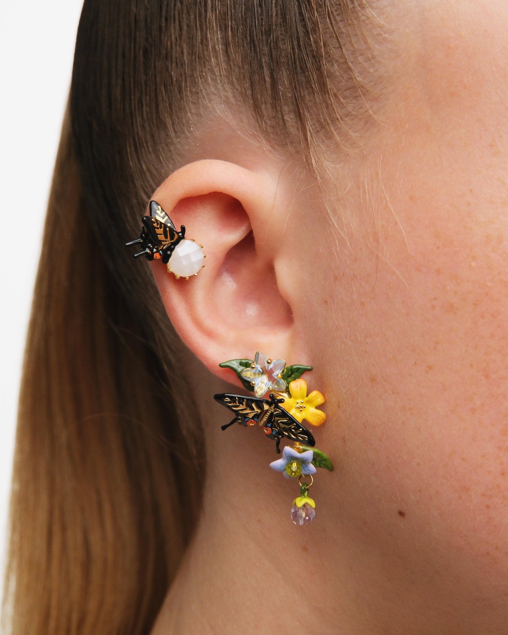 Butterfly, Flower And Hanging Pearl Earrings | AUTR1011 - Les Nereides