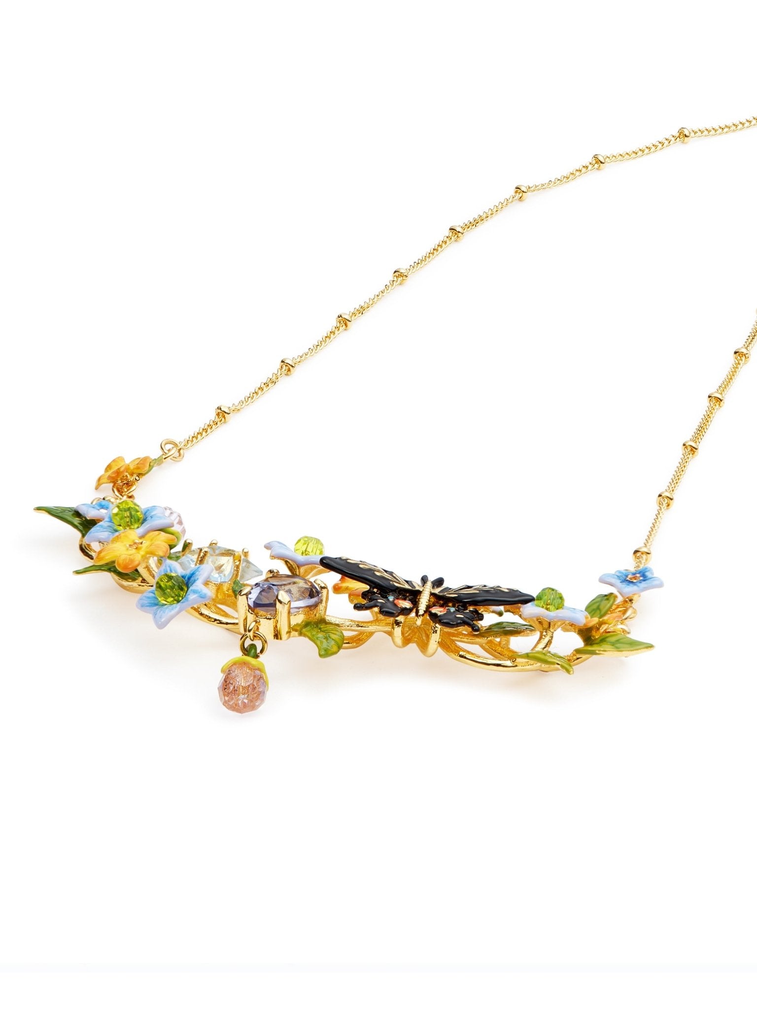 Butterfly, Jasmine Flowers And Faceted Crystal Statement Necklace | AUTR3011 - Les Nereides