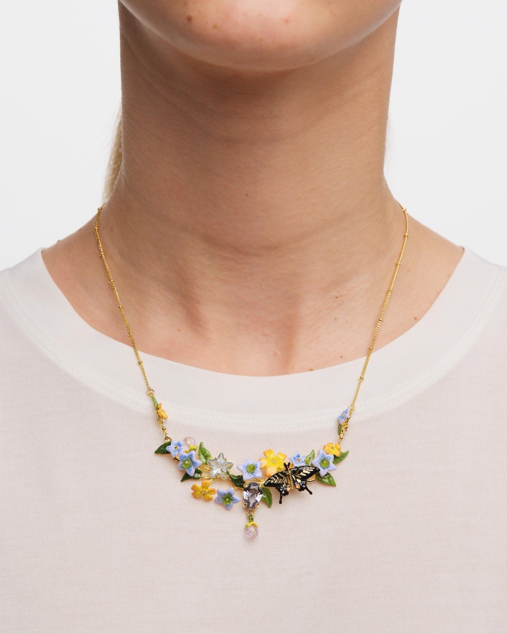 Butterfly, Jasmine Flowers And Faceted Crystal Statement Necklace | AUTR3011 - Les Nereides