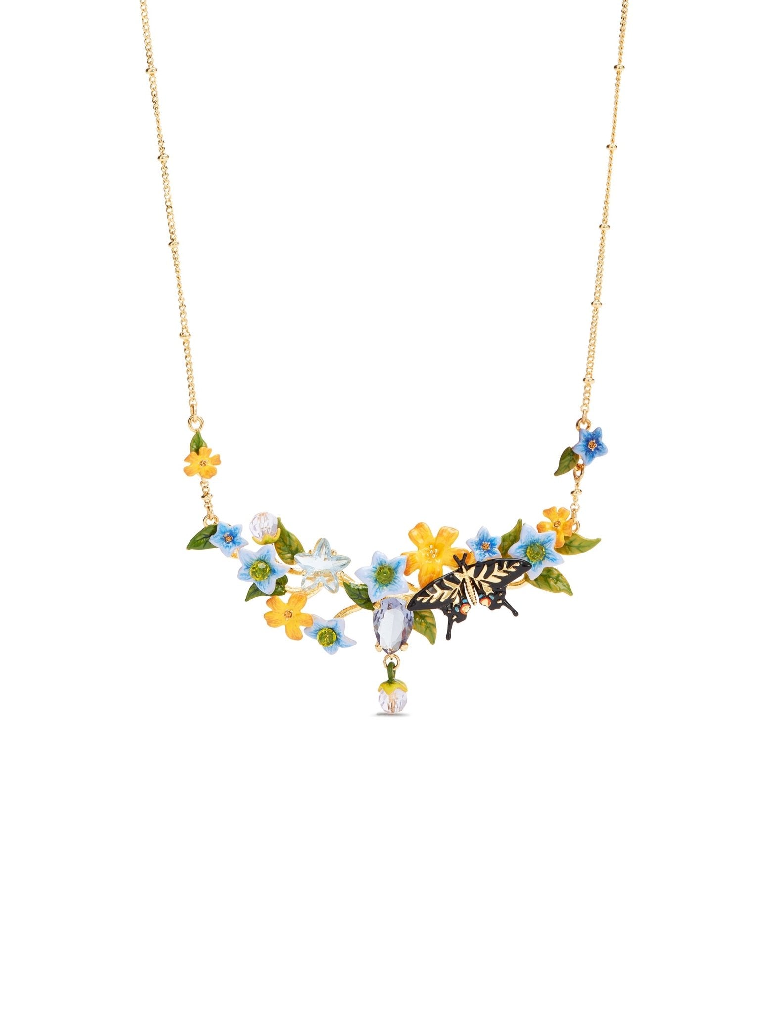 Butterfly, Jasmine Flowers And Faceted Crystal Statement Necklace | AUTR3011 - Les Nereides