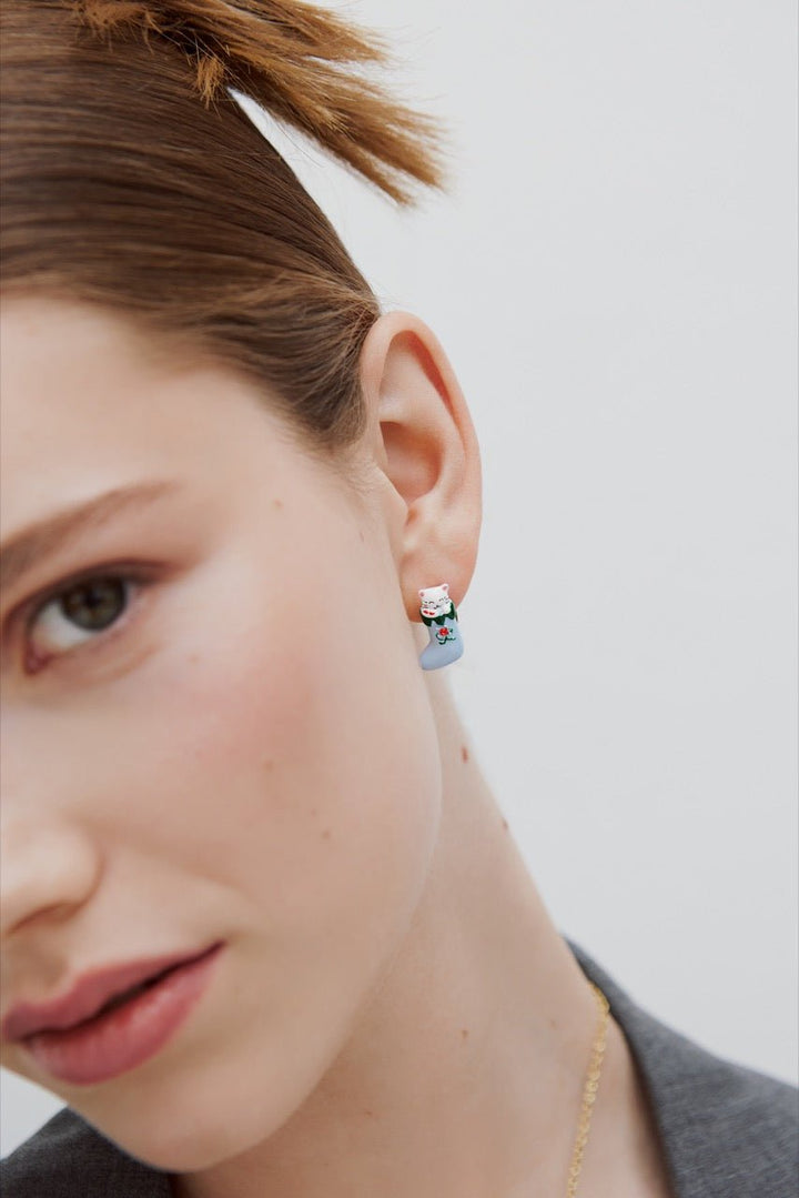 Christmas Stocking Earrings With White And Grey Cats And Red Faceted Crystal | AWWI1091 - Les Nereides
