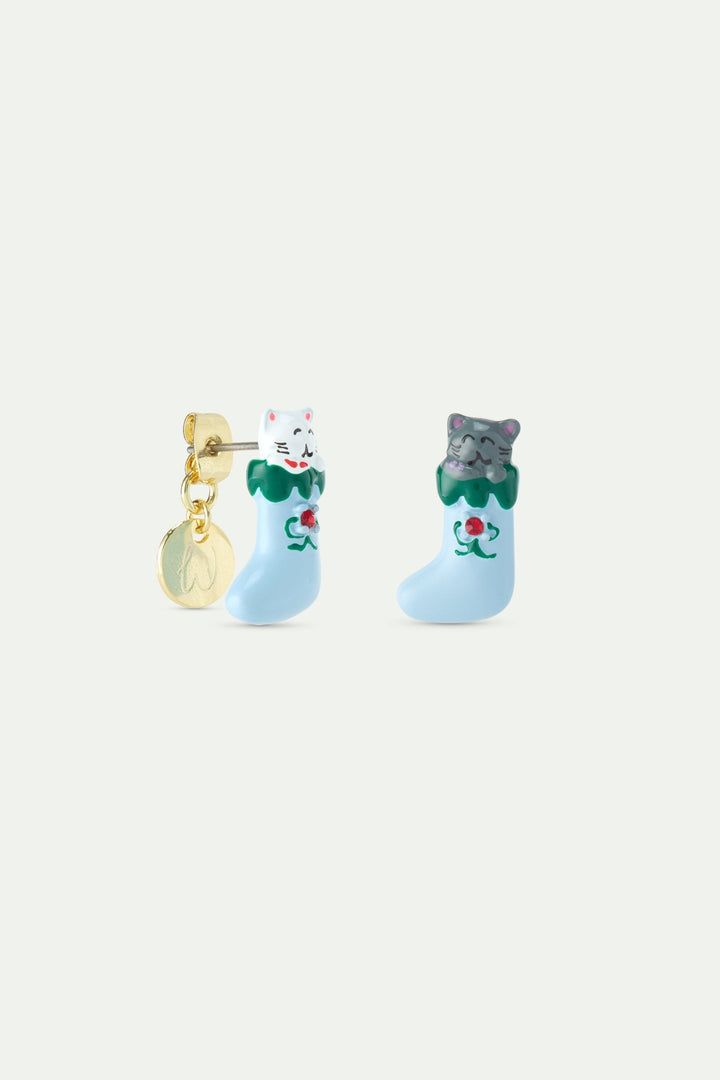 Christmas Stocking Earrings With White And Grey Cats And Red Faceted Crystal | AWWI1091 - Les Nereides
