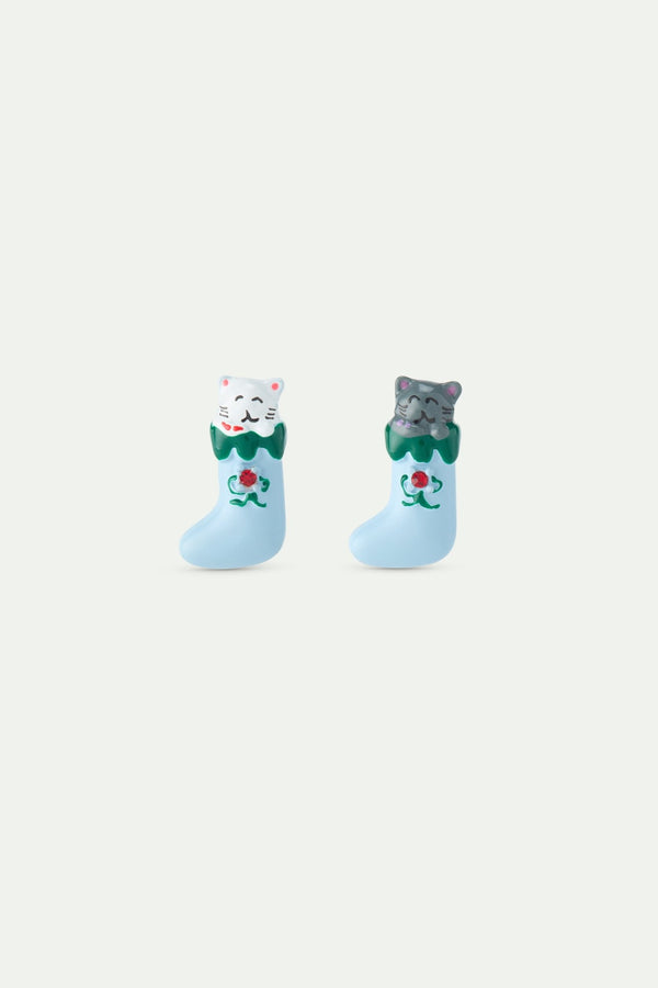 Christmas Stocking Earrings With White And Grey Cats And Red Faceted Crystal | AWWI1091 - Les Nereides