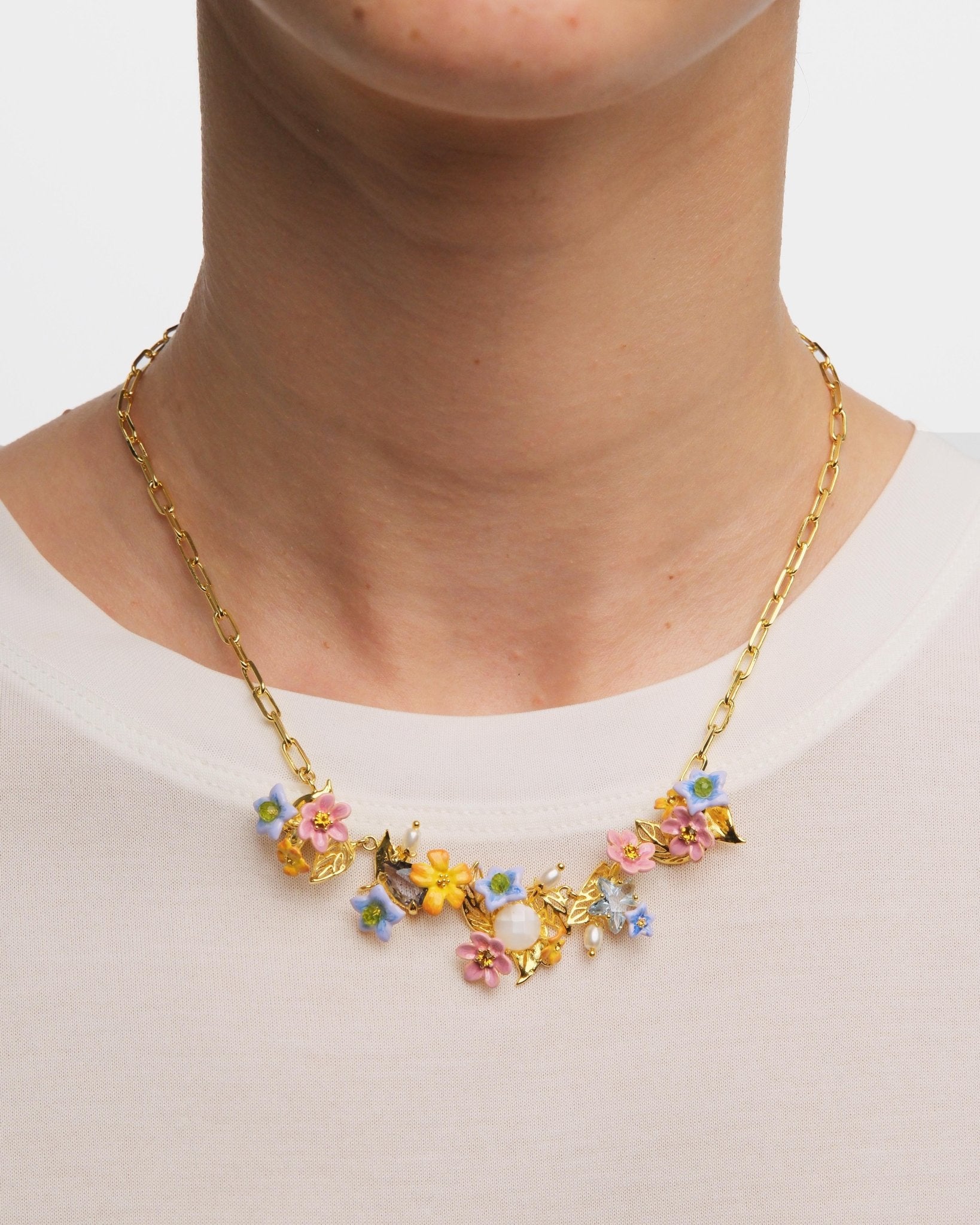 Colourful Jasmine Flower, Faceted Stone And Crystal Pearl Bead Statement Necklace | AUTR3041 - Les Nereides