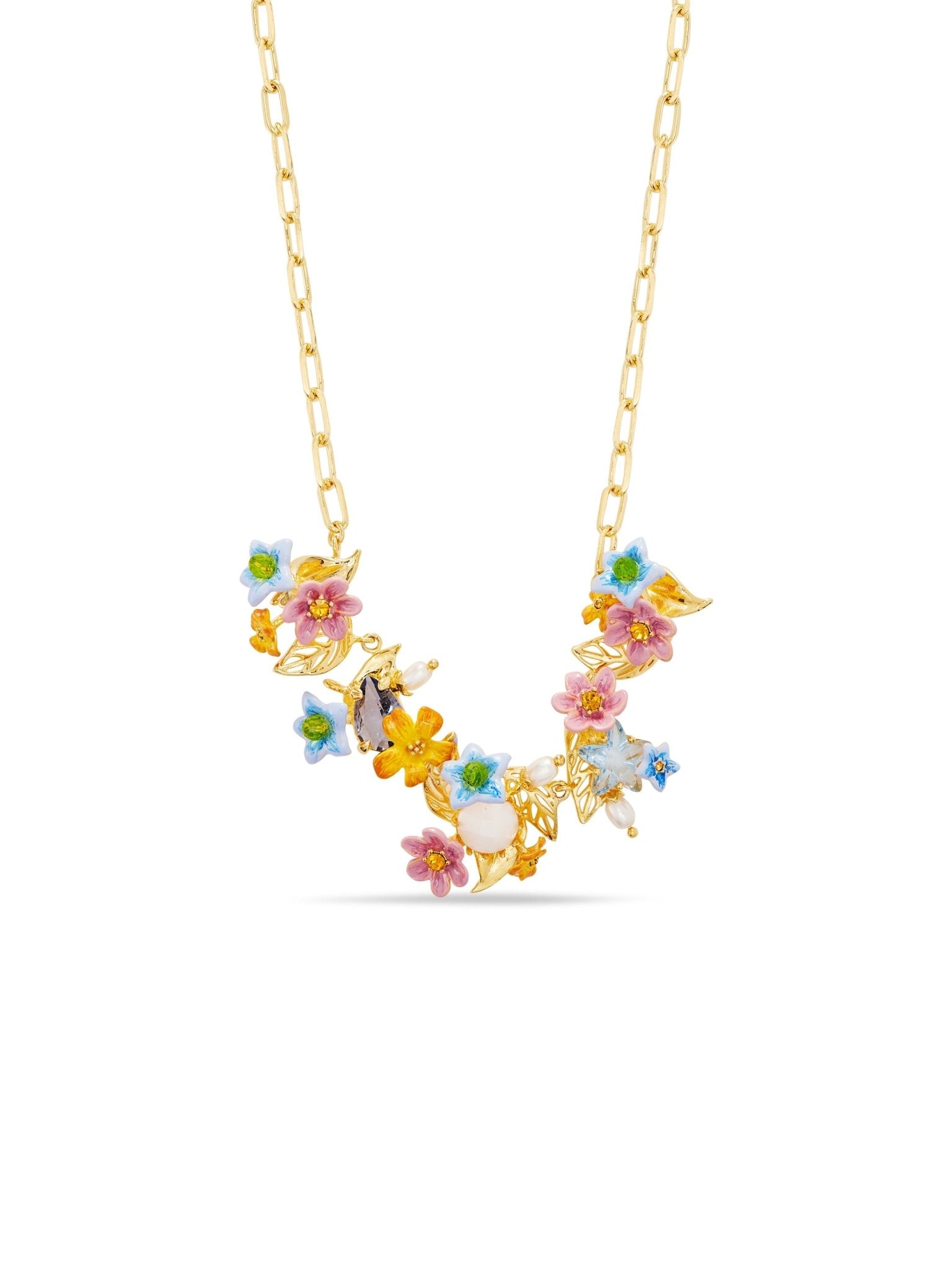 Colourful Jasmine Flower, Faceted Stone And Crystal Pearl Bead Statement Necklace | AUTR3041 - Les Nereides