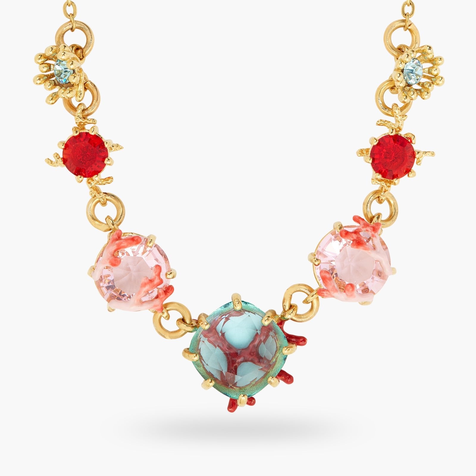 Coral And Cut Crystal Tone Statement Necklace | ATPR3021 - Les Nereides