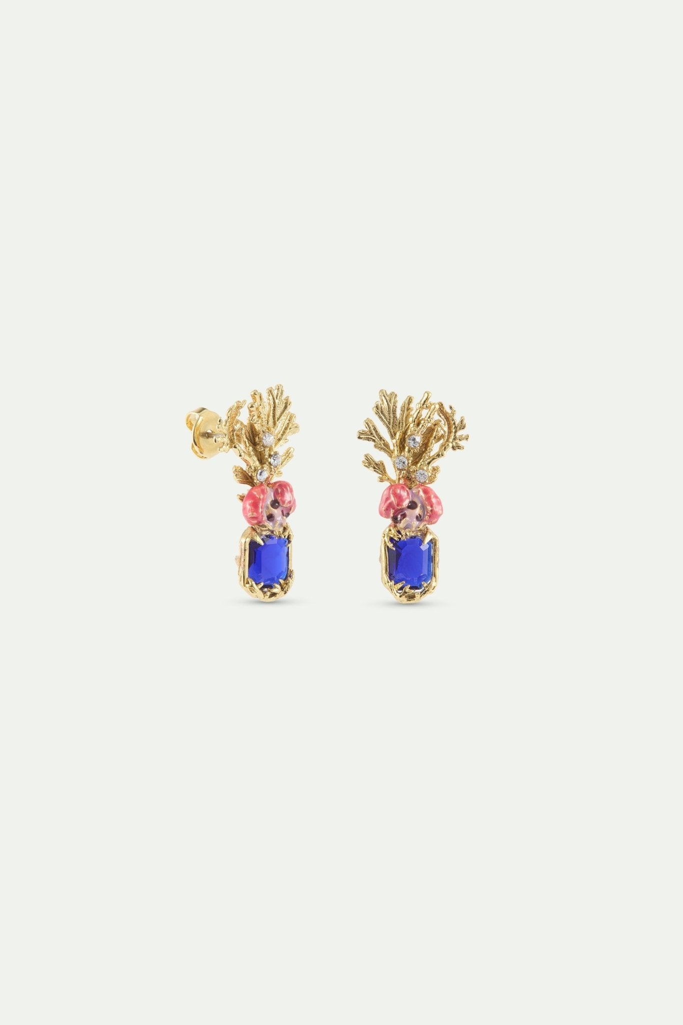 Coral Earrings With Blue Faceted Stone, Pink Flower And Golden Coral | AXMO1041 - Les Nereides