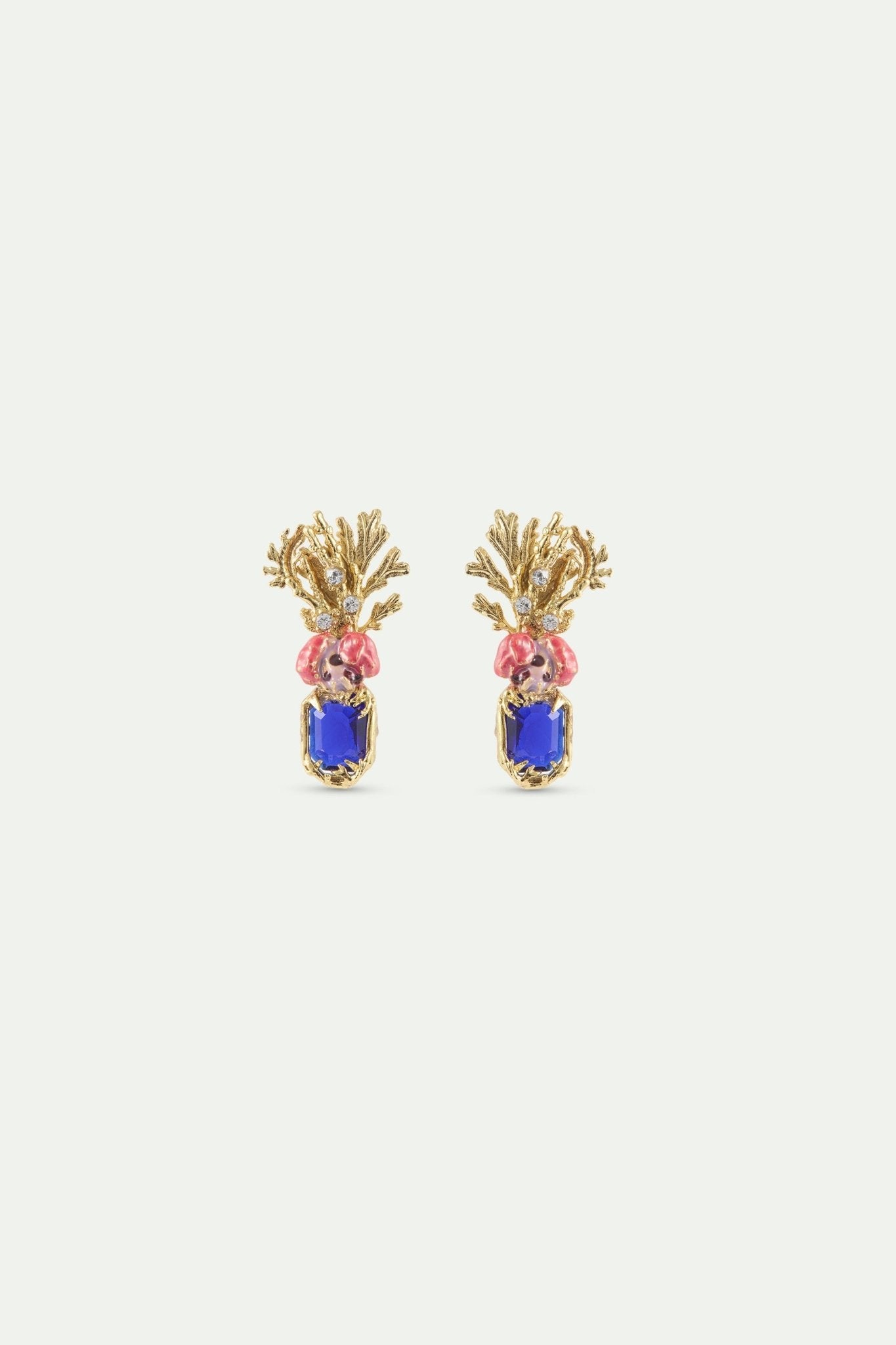 Coral Earrings With Blue Faceted Stone, Pink Flower And Golden Coral | AXMO1041 - Les Nereides