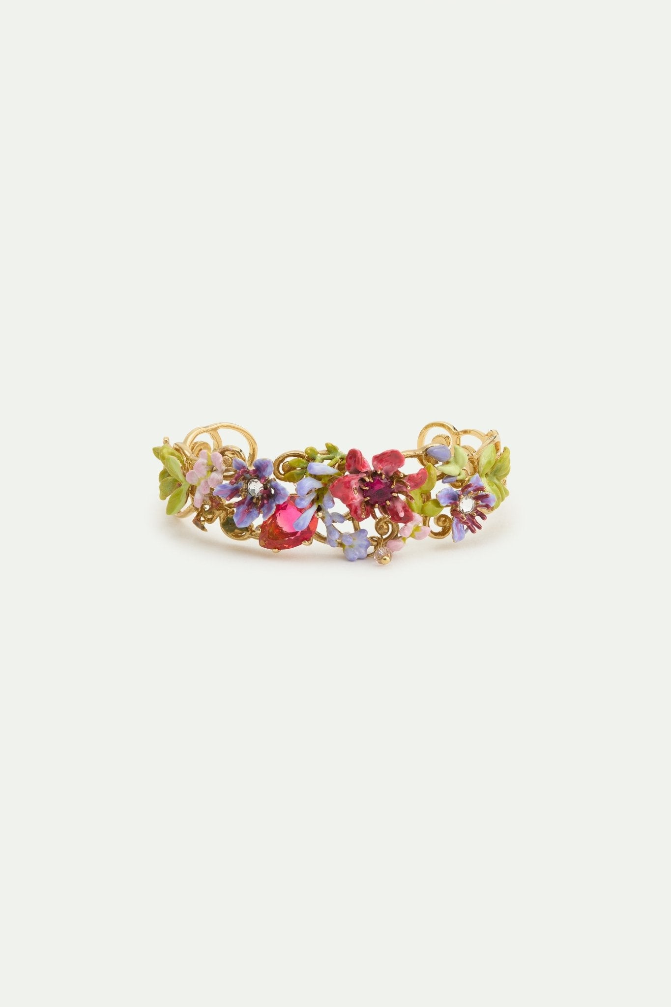 Cuff Bracelet With Pink And Purple Arabesque, Ivy, Pink And Purple Clematis, And Two - Tone Faceted Glass. | AWMM2011 - Les Nereides