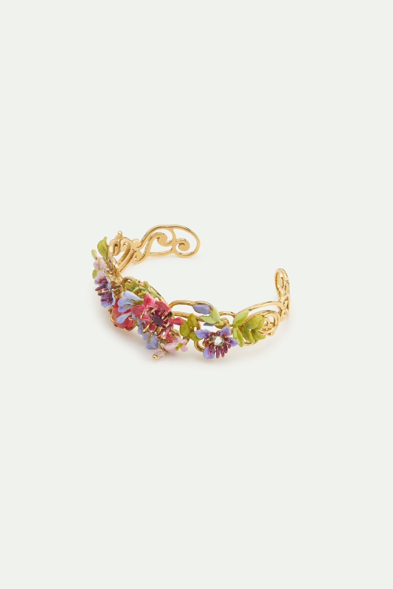 Cuff Bracelet With Pink And Purple Arabesque, Ivy, Pink And Purple Clematis, And Two - Tone Faceted Glass. | AWMM2011 - Les Nereides