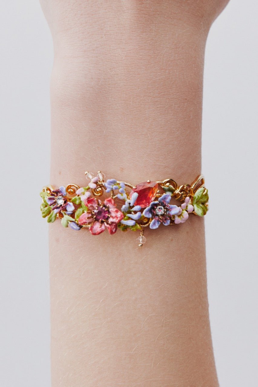 Cuff Bracelet With Pink And Purple Arabesque, Ivy, Pink And Purple Clematis, And Two - Tone Faceted Glass. | AWMM2011 - Les Nereides