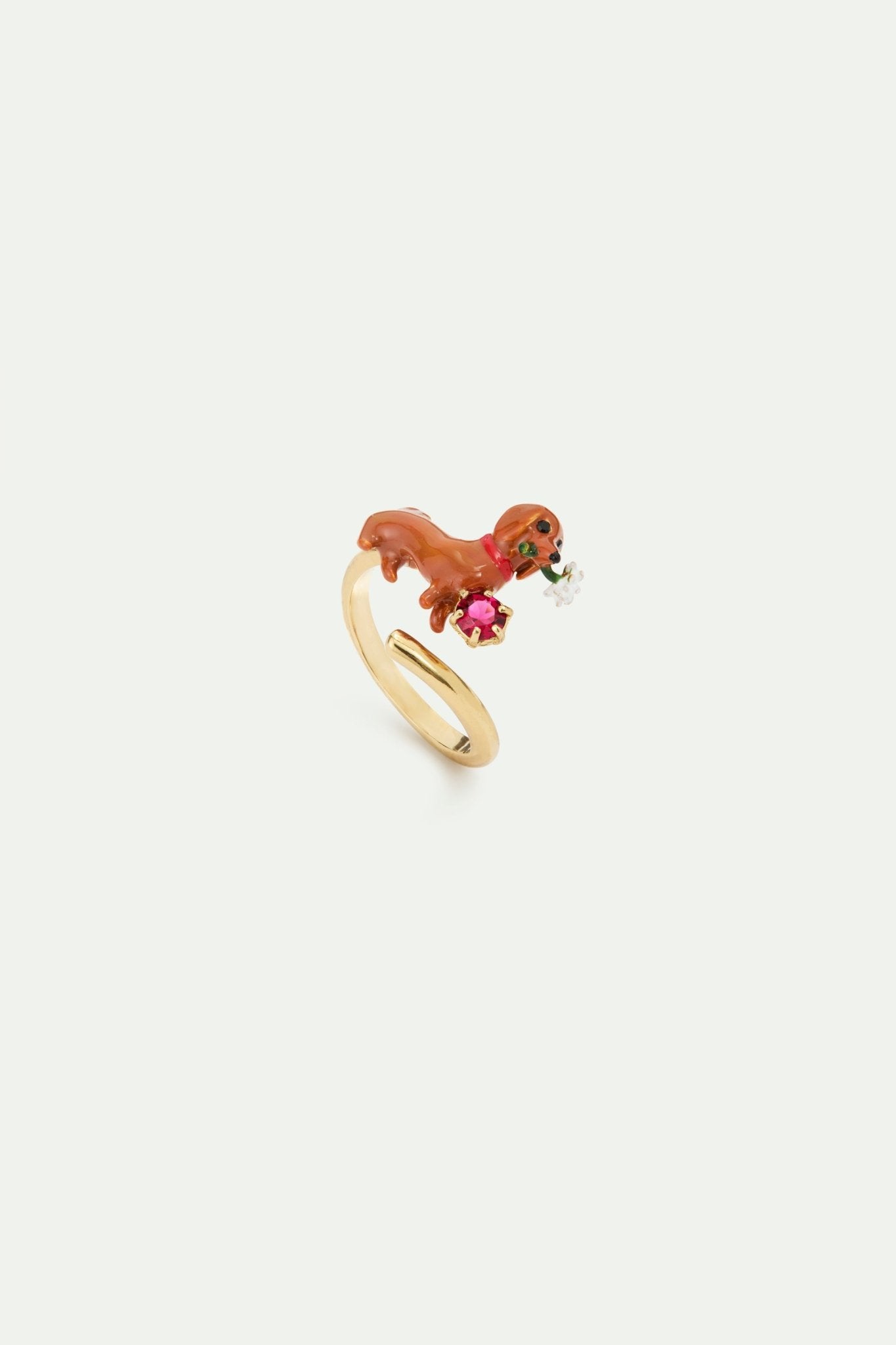Dachshund. Daisy And Pink Stone Adjustable Ring | AWLA6021 - Les Nereides