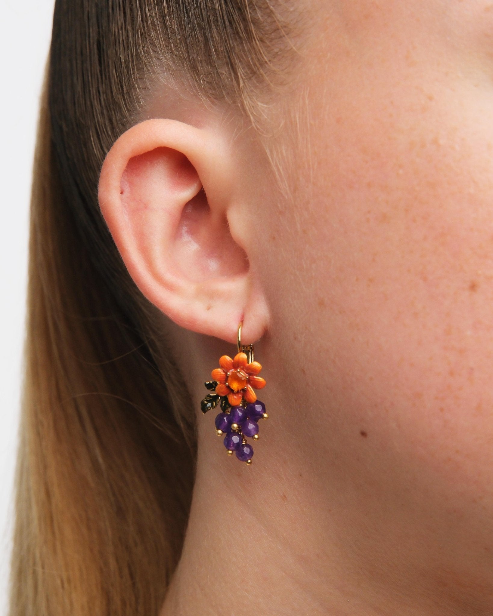 Dahlia Flower and Grape Cluster Sleeper Earrings | AUVI1081 - Les Nereides