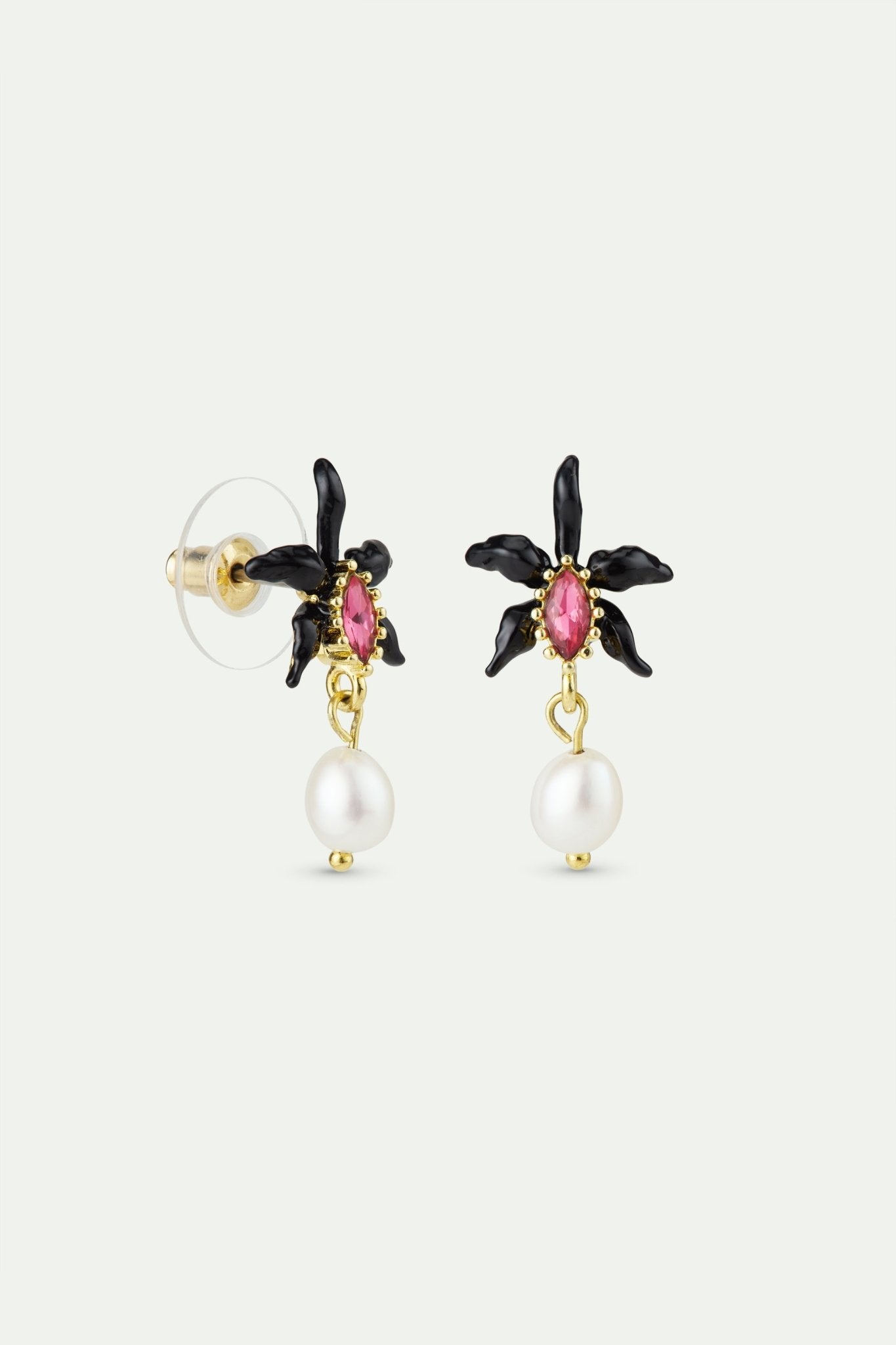 Dangle Earrings With Black Orchid, Faceted Pink Crystal And Cultured Pearl | AWCC1011 - Les Nereides