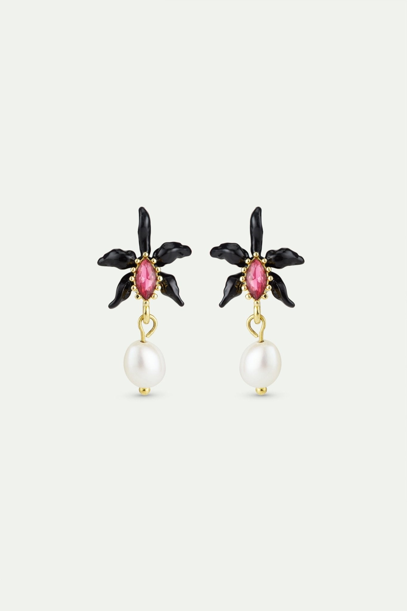 Dangle Earrings With Black Orchid, Faceted Pink Crystal And Cultured Pearl | AWCC1011 - Les Nereides