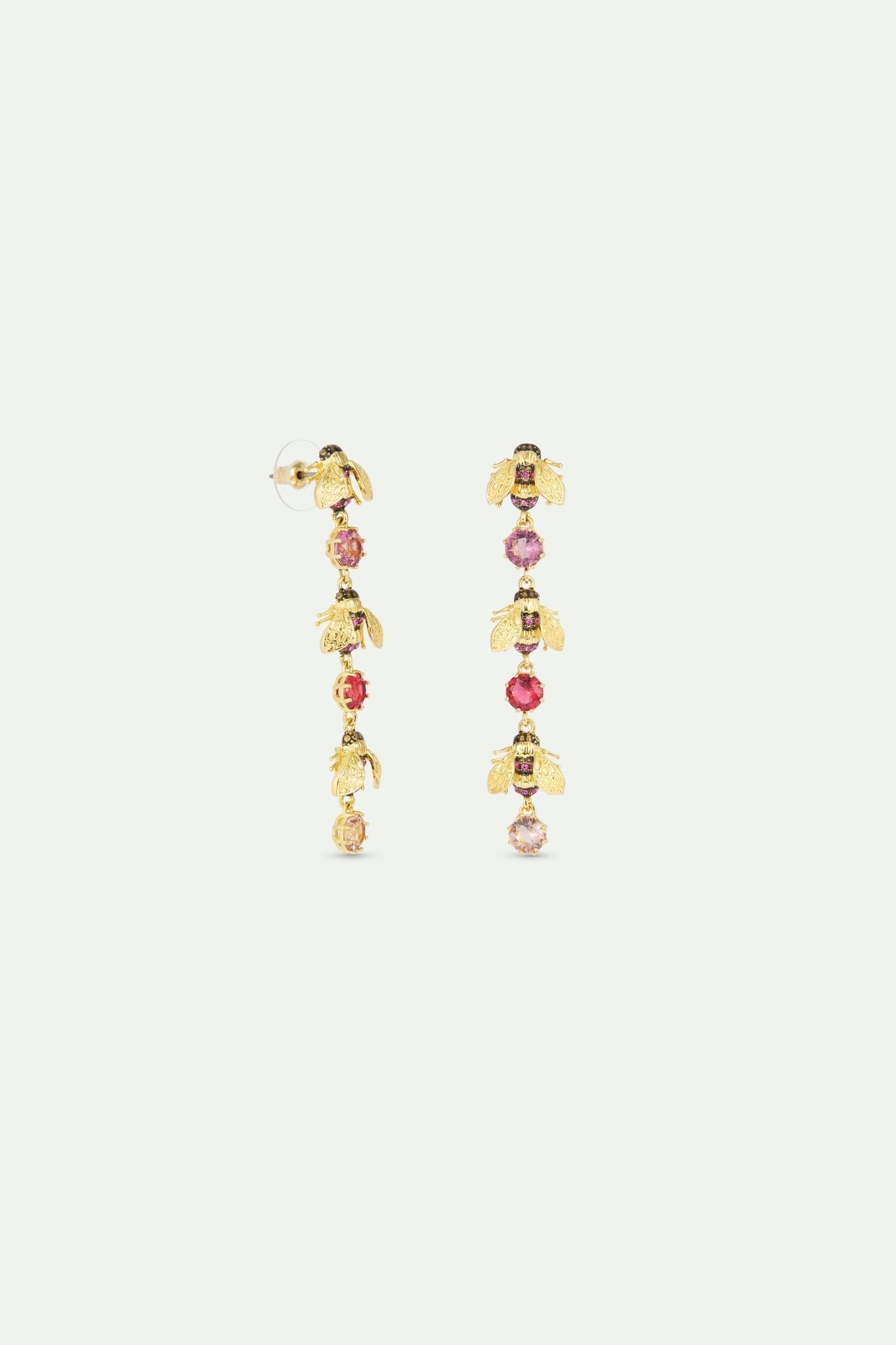 Dangle Earrings With Gold Bees And Pink Round Stones | AXAM1041 - Les Nereides