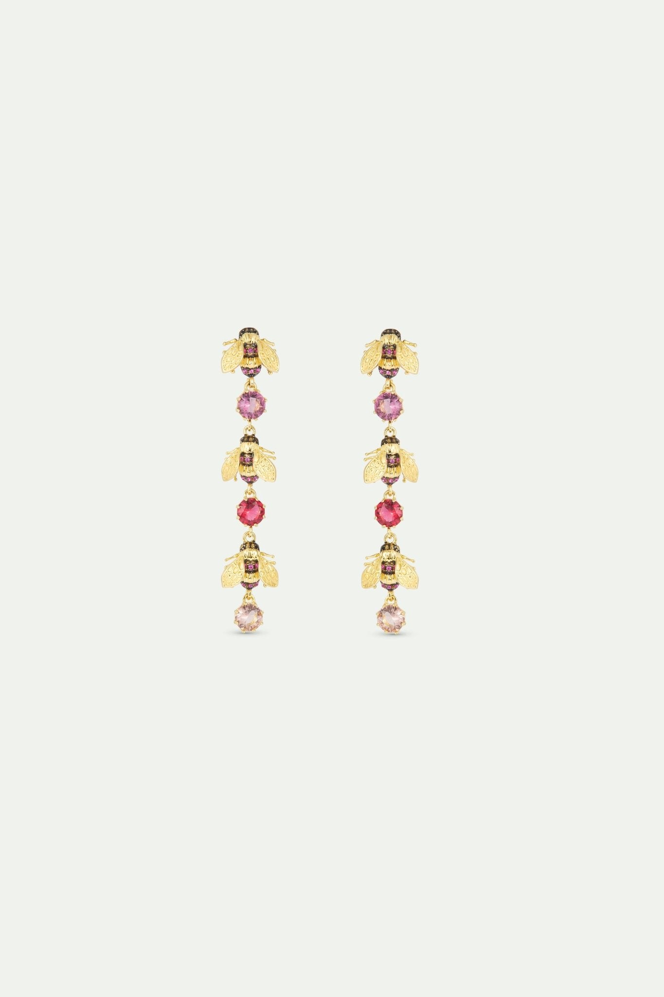 Dangle Earrings With Gold Bees And Pink Round Stones | AXAM1041 - Les Nereides