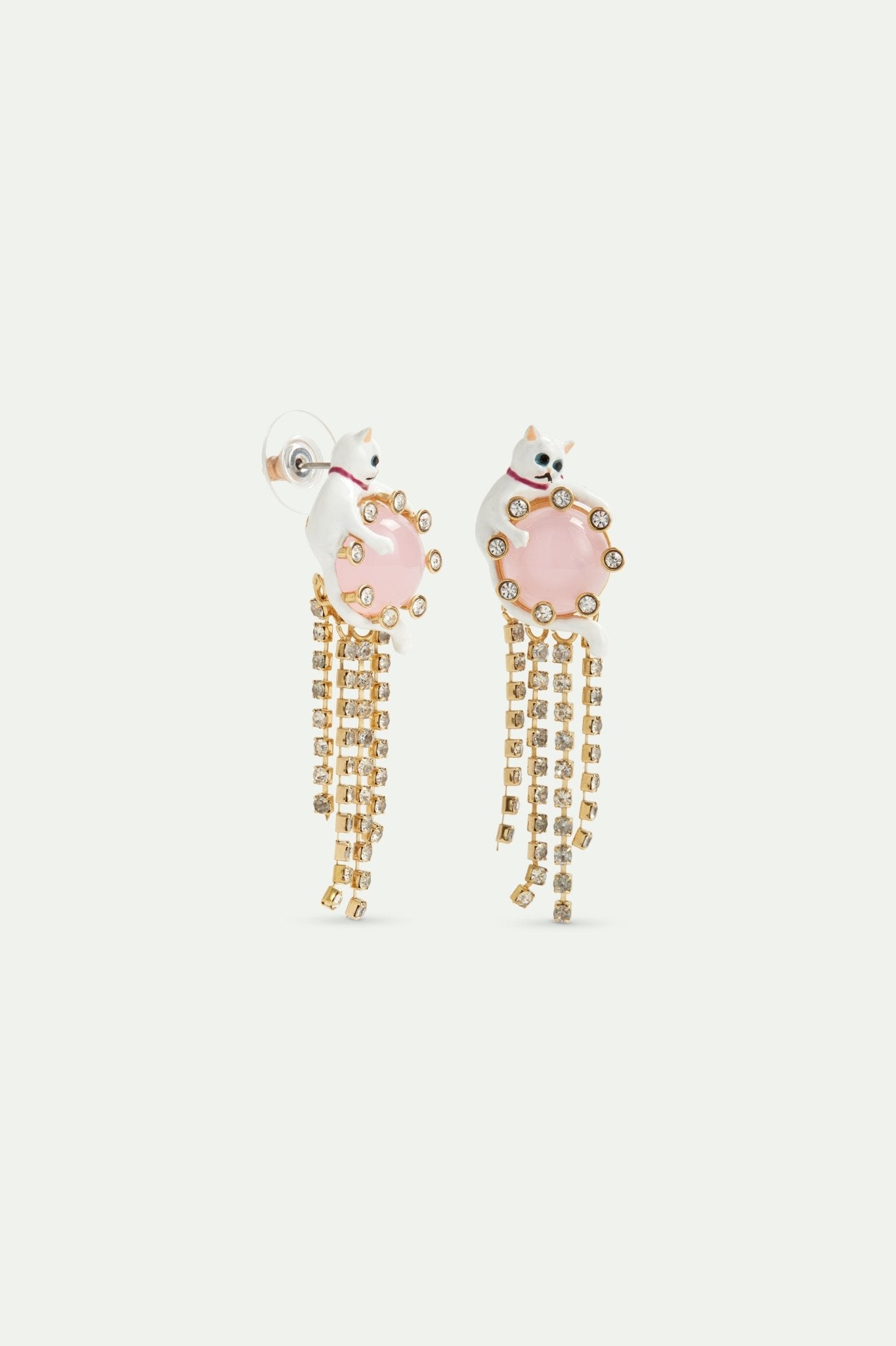 Dangle post earrings with white cat, pink round stone, and rhinestone chain. | AVLA1061 - Les Nereides