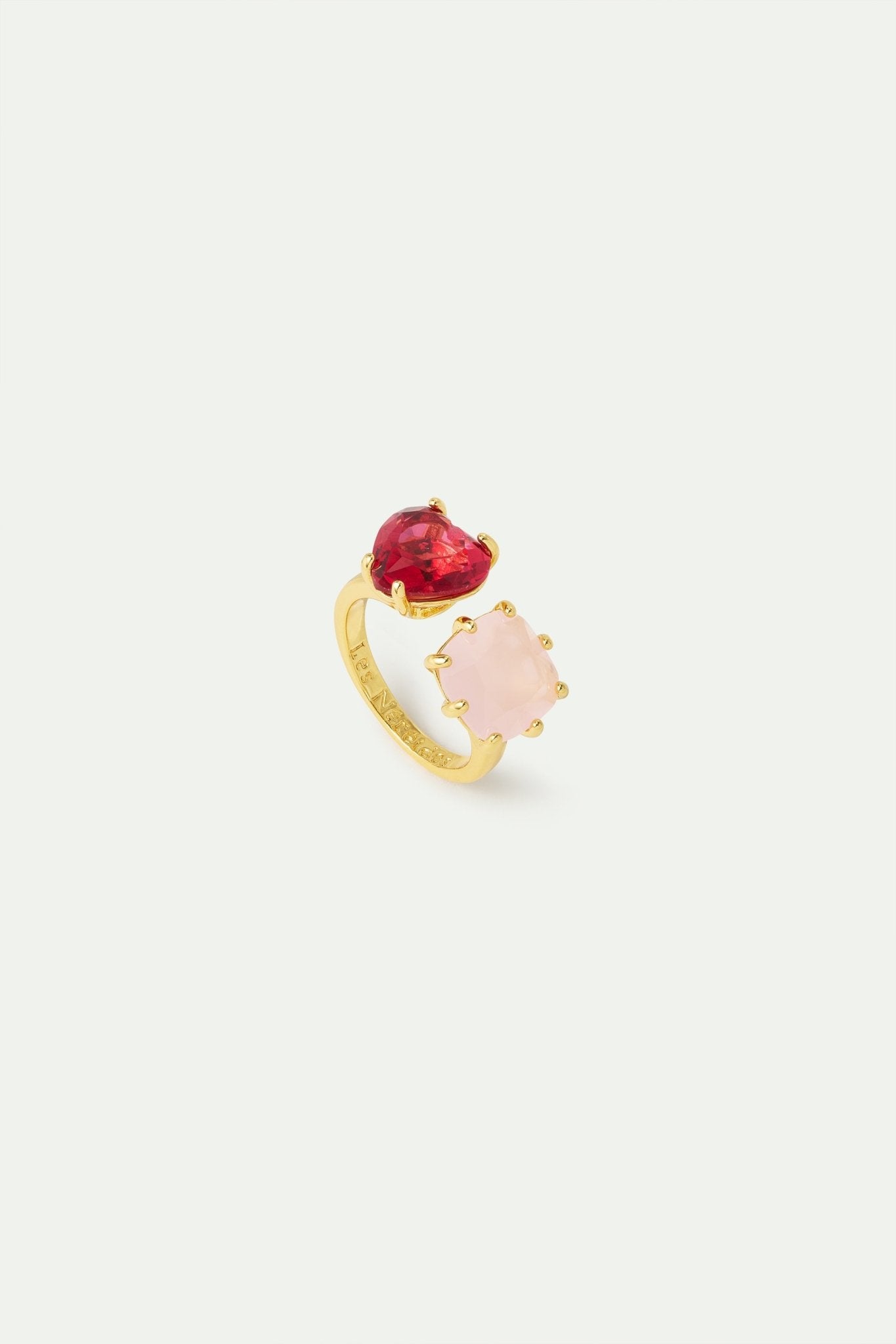 Dark Pink And Light Pink Diamantine You And Me Ring With Heart - Shaped And Square Stones. | AWLD6181 - Les Nereides