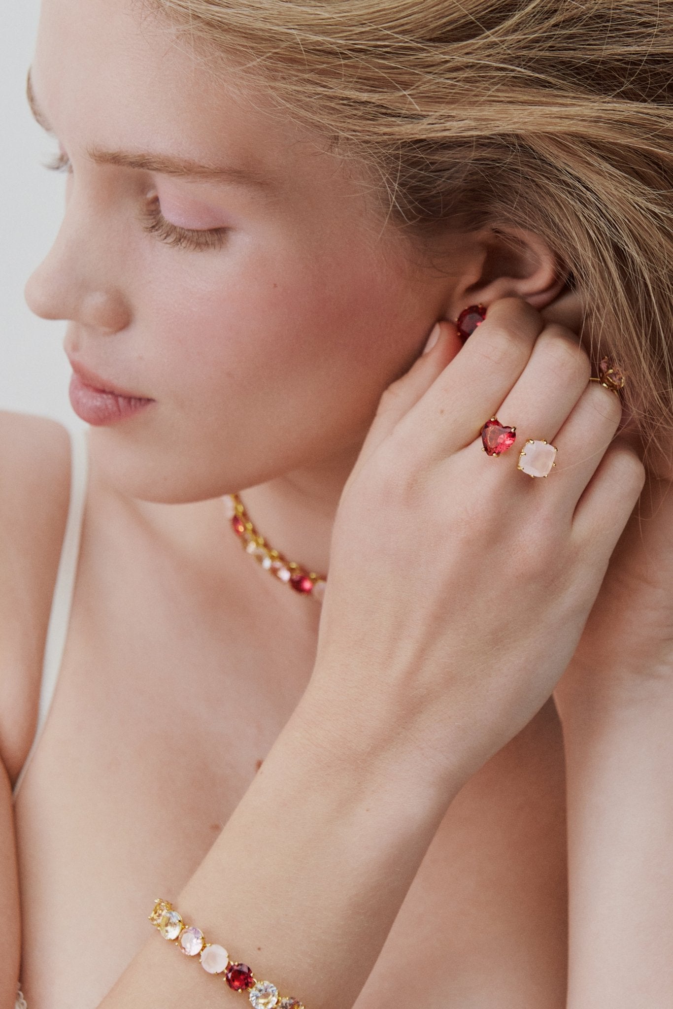 Dark Pink And Light Pink Diamantine You And Me Ring With Heart - Shaped And Square Stones. | AWLD6181 - Les Nereides