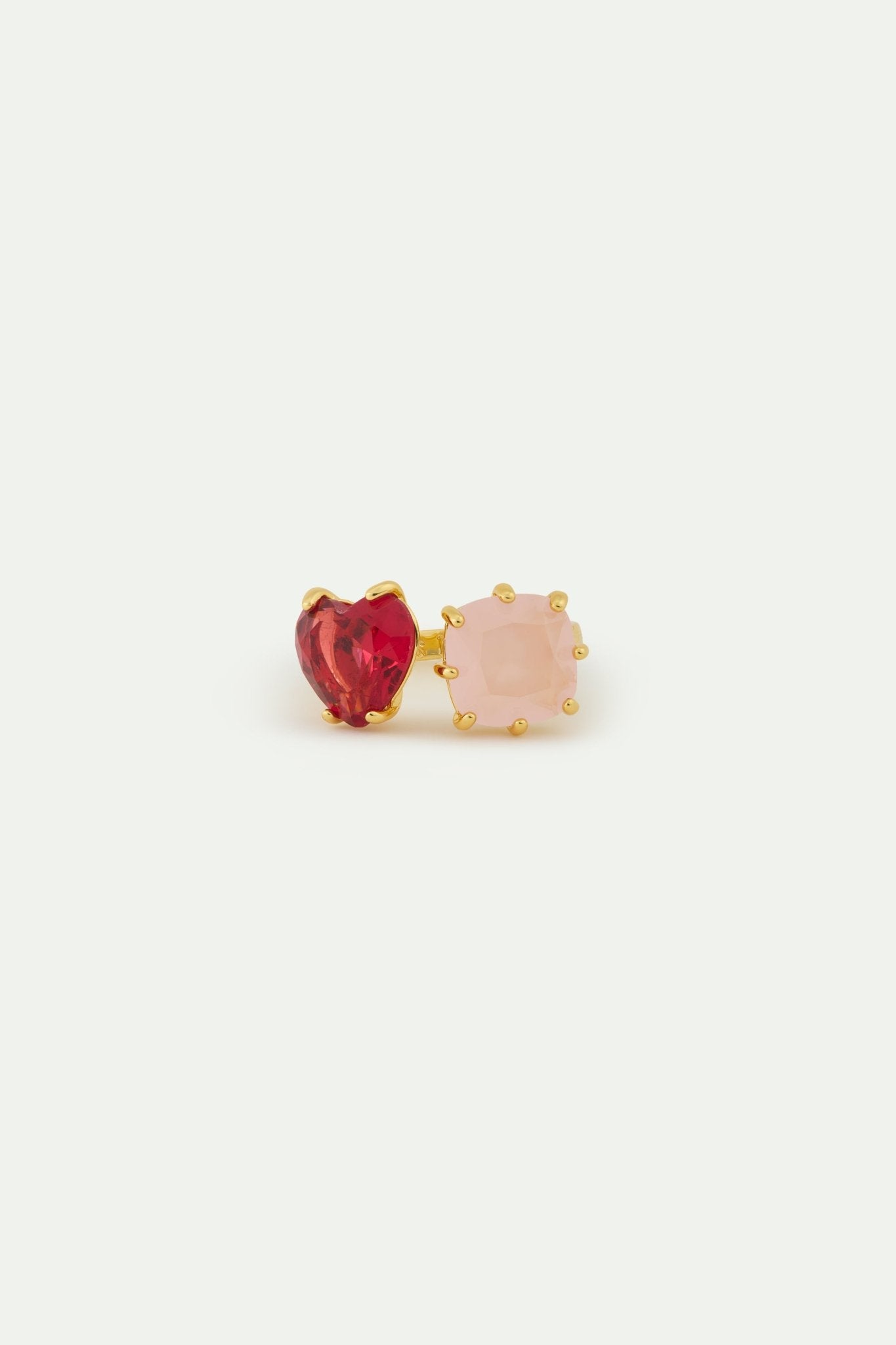 Dark Pink And Light Pink Diamantine You And Me Ring With Heart - Shaped And Square Stones. | AWLD6181 - Les Nereides