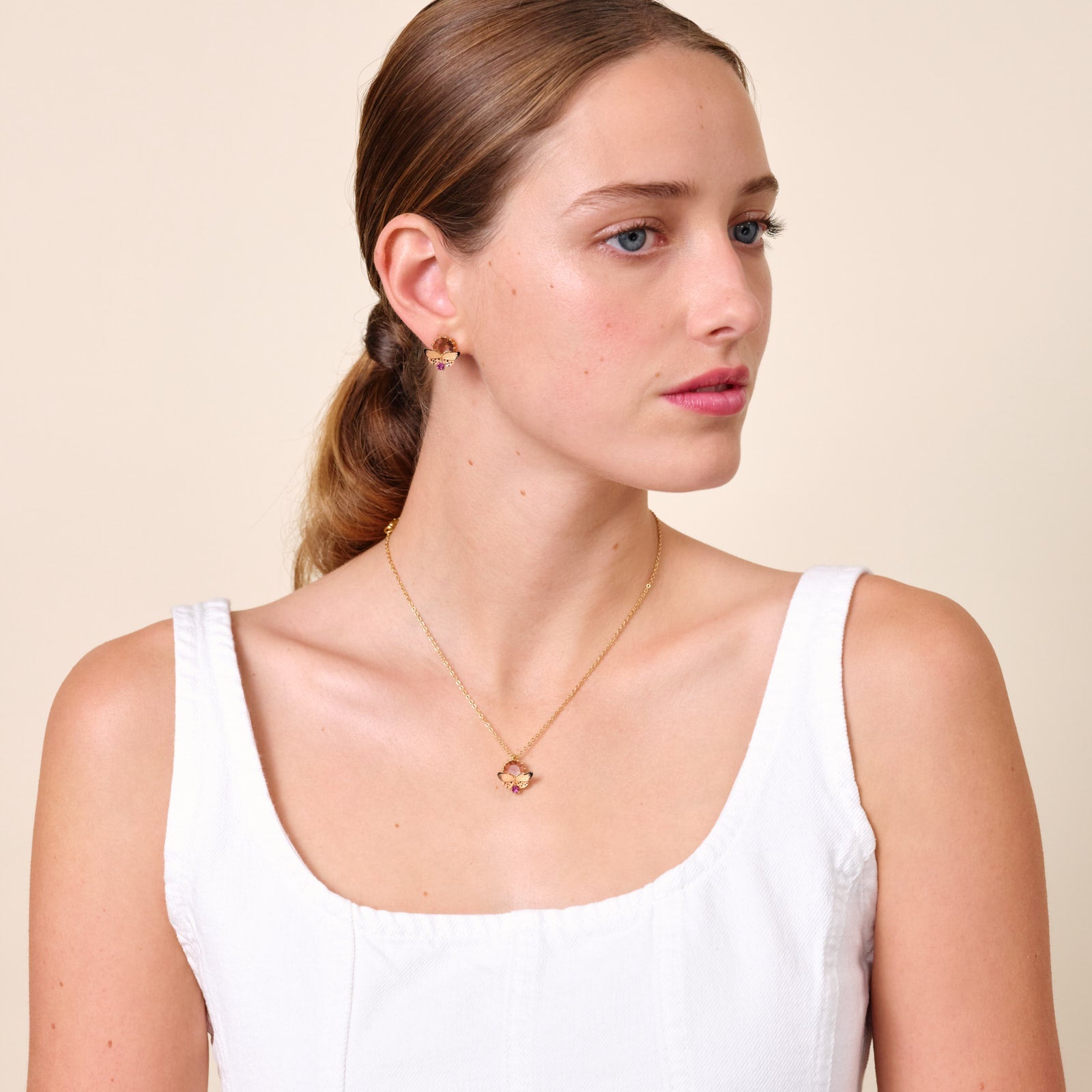 Enamelled Butterfly And Cut Crystal Stone Pendant Necklace | ATLA3041 - Les Nereides