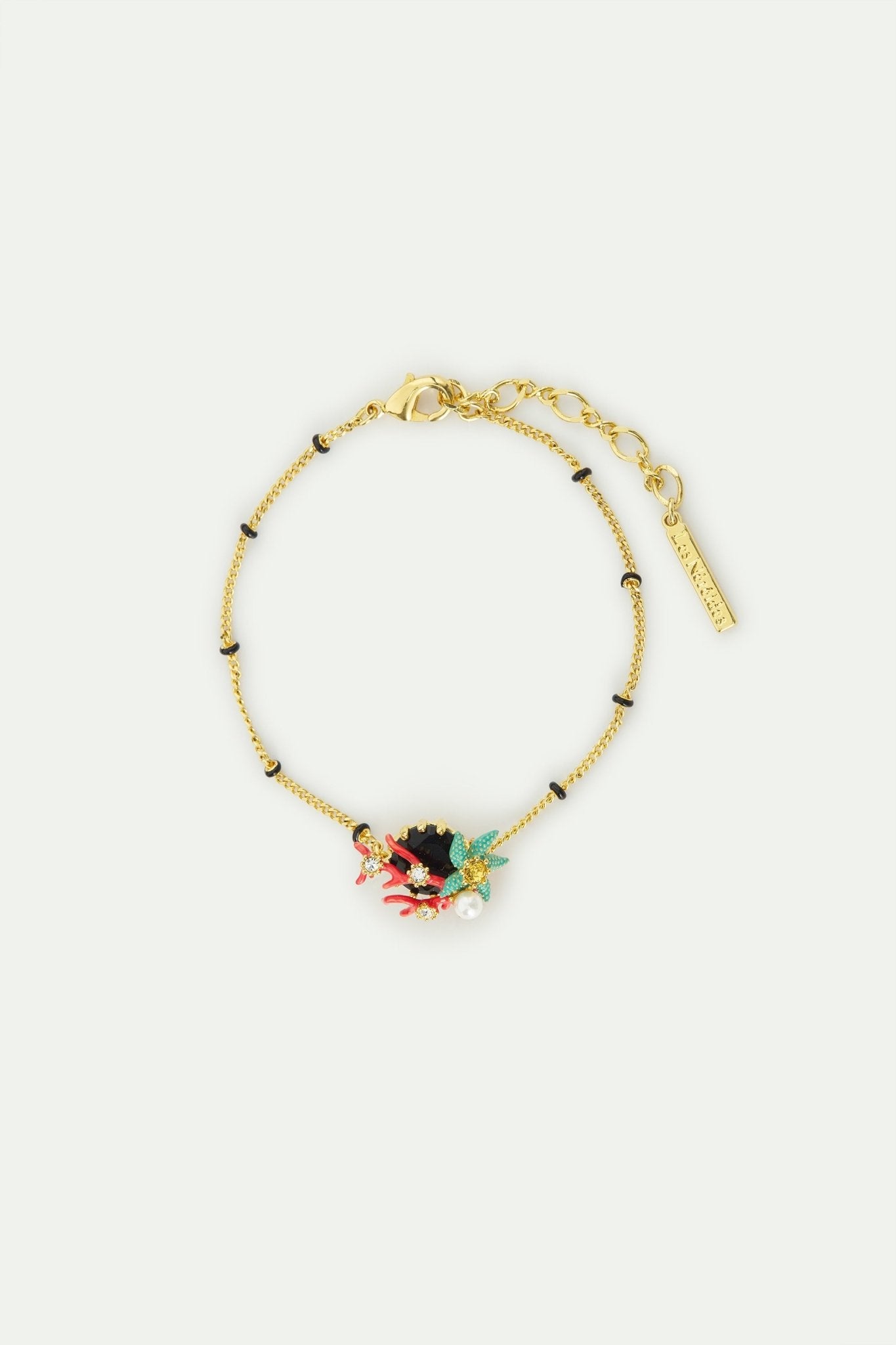 Fine Bracelet With Black Round Faceted Stone, Red Coral, Blue Starfish And Cultured Pearl | AWCC2021 - Les Nereides
