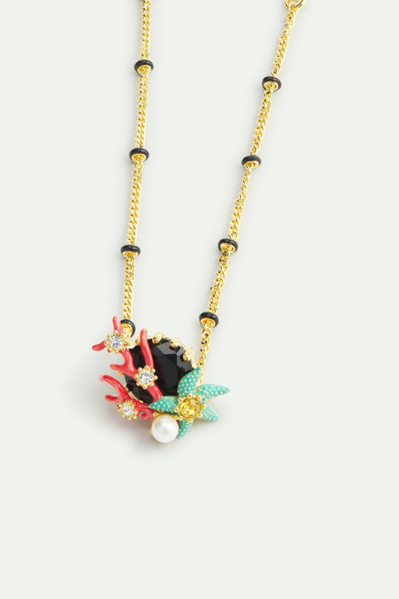Fine Bracelet With Black Round Faceted Stone, Red Coral, Blue Starfish And Cultured Pearl | AWCC2021 - Les Nereides