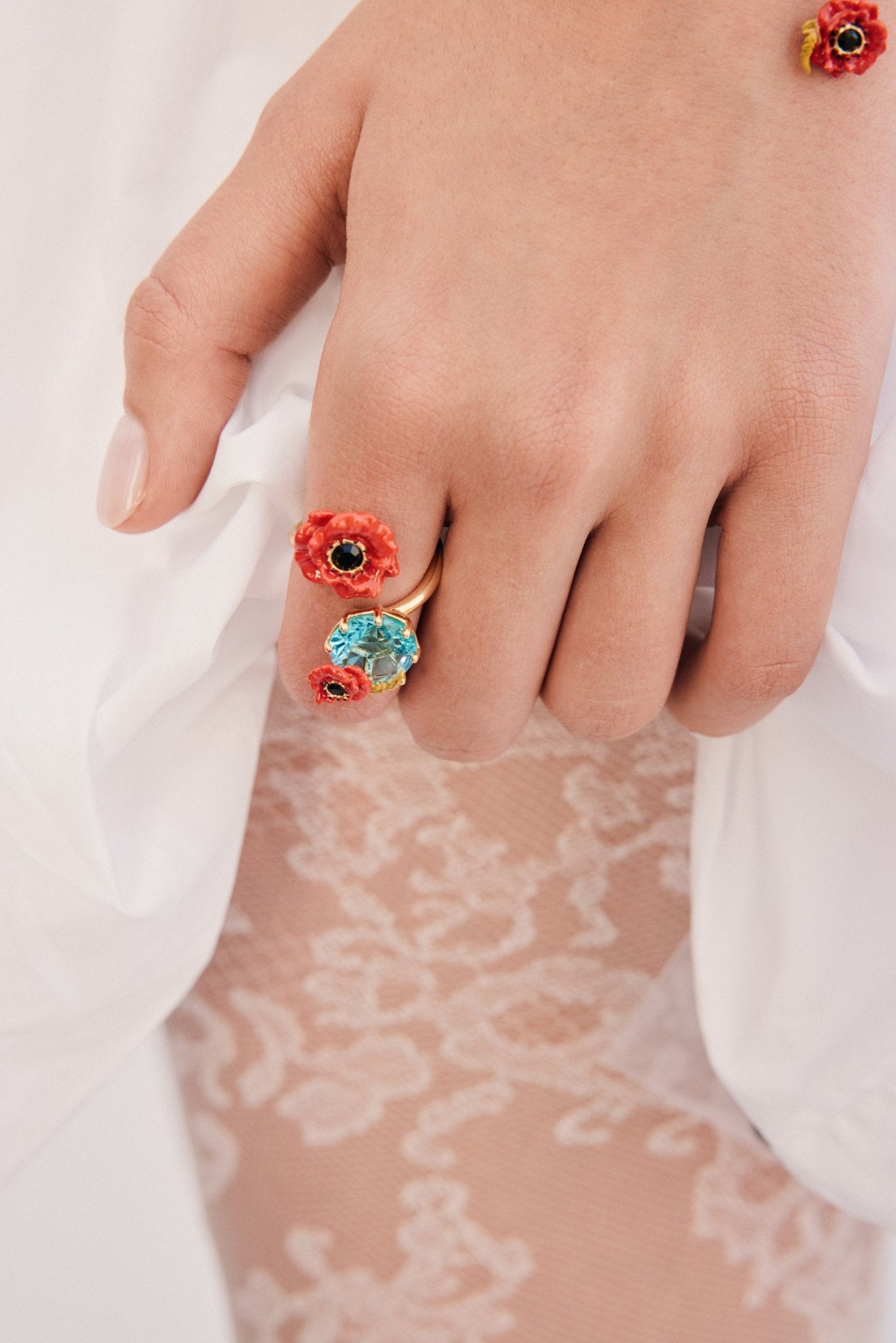 Fine Bracelet With Red Poppy And Black Crystal | AXOC2011 - Les Nereides